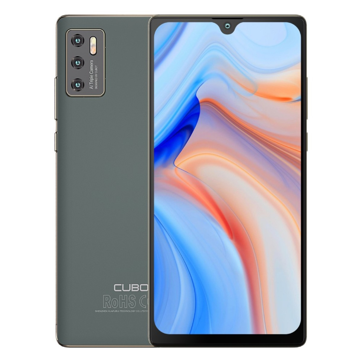 Ein graues Smartphone mit Dreifachkamera auf der Rückseite. Der Bildschirm ist sichtbar. Weißer Hintergrund.