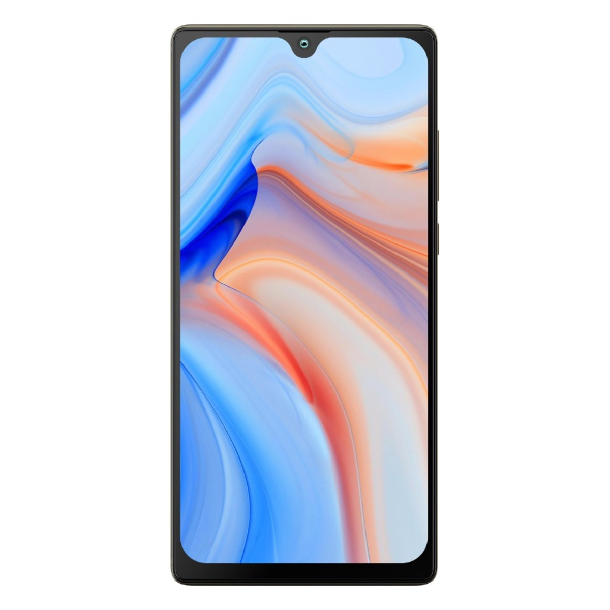 Smartphone mit farbenfrohem, abstrakten Hintergrundbild. Schwarzer Rahmen, zentrierte Kamera.