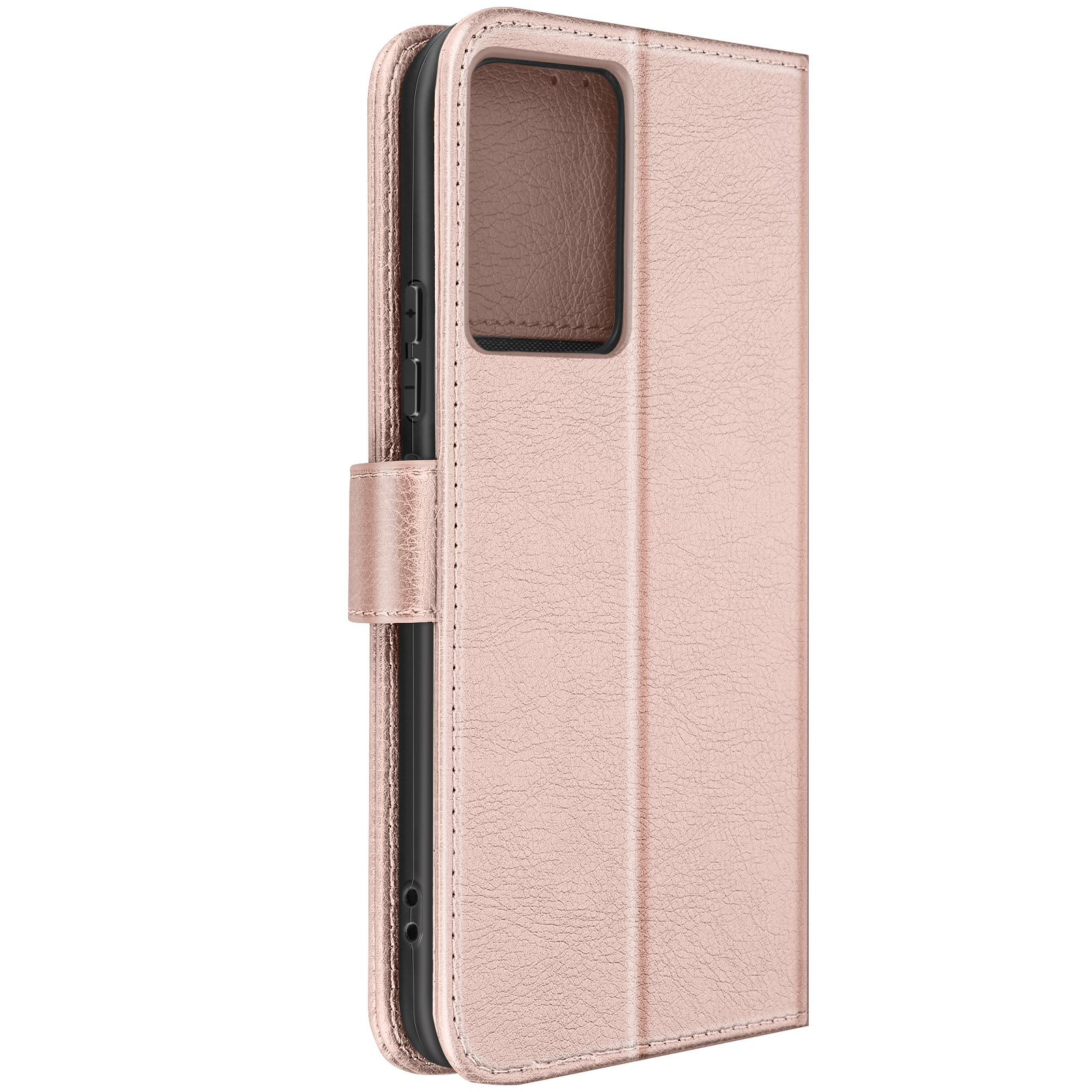Una custodia rosa per telefono chiusa con texture in pelle.