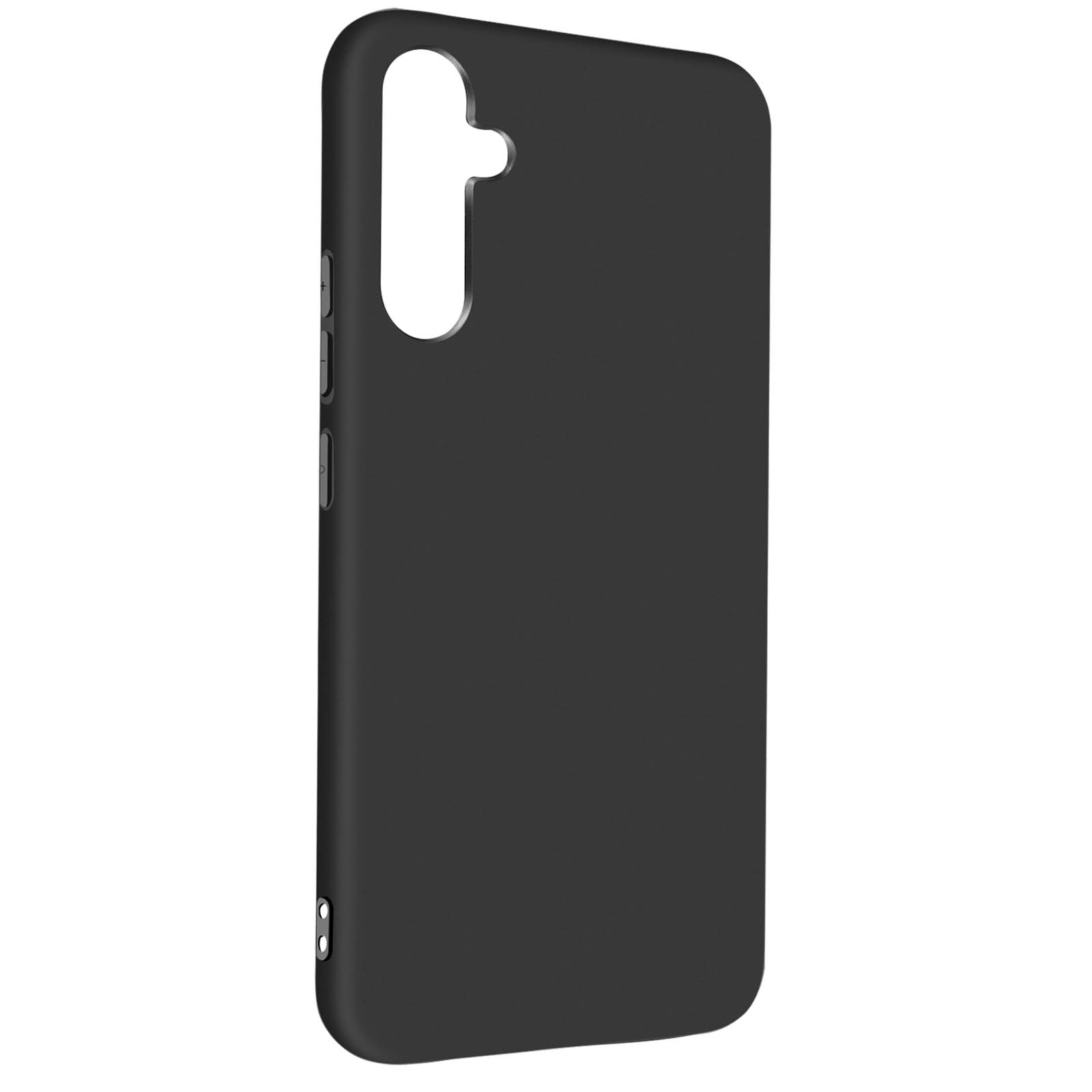 Custodia nera per telefono con fori per i pulsanti e apertura per la fotocamera.