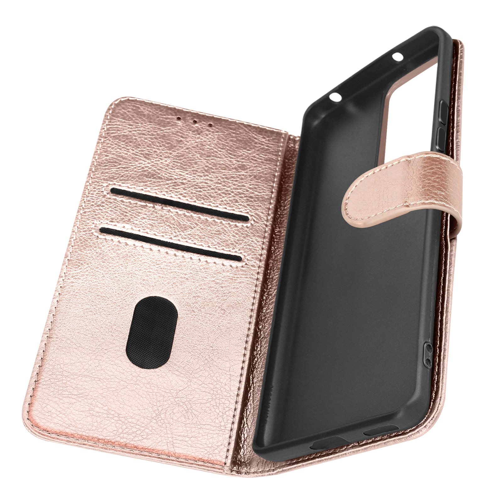 Custodia per telefono in pelle rosa aperta con fessure per carte. All'interno c'è un supporto per telefono nero.