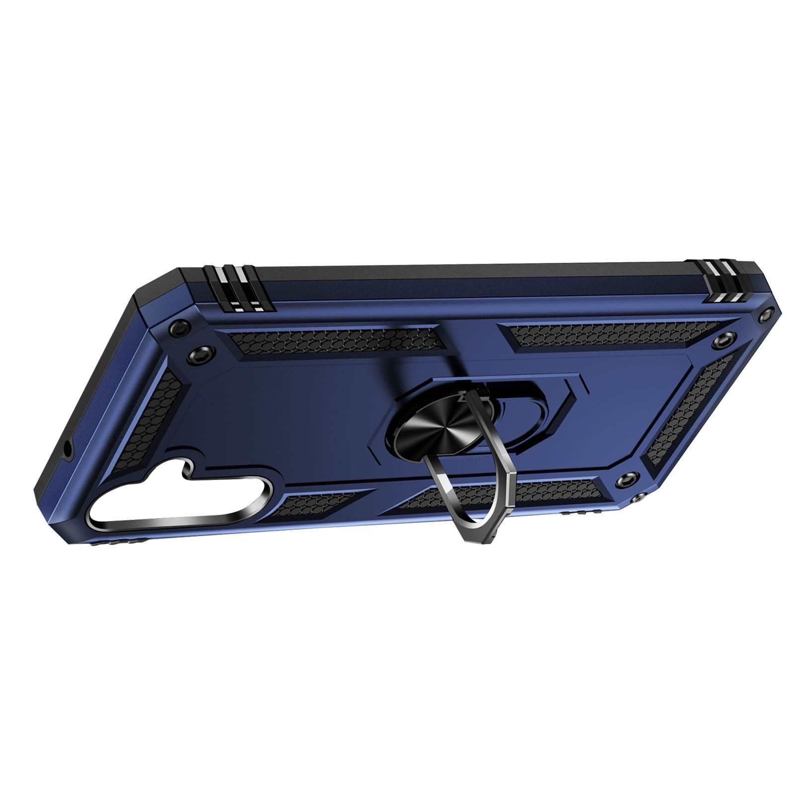 Custodia blu scuro per telefono con supporto ad anello.