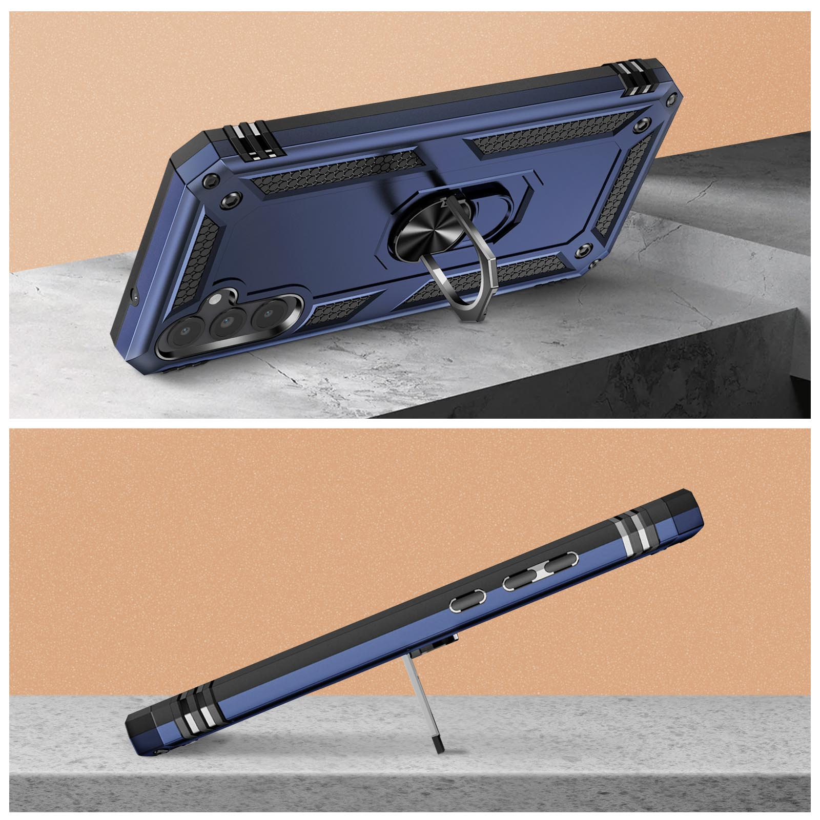Custodia blu per telefono con supporto ad anello. Due viste: dall'alto e laterale con supporto.