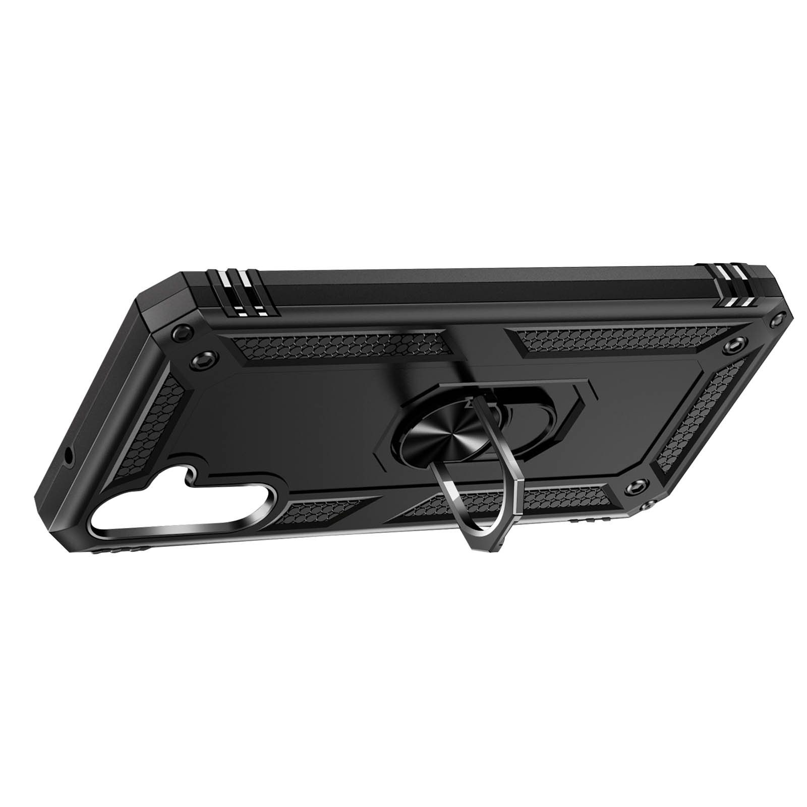 Schwarze Handyhülle mit Ringhalter. Sie hat eine strukturierte Rückseite und verstärkte Ecken.