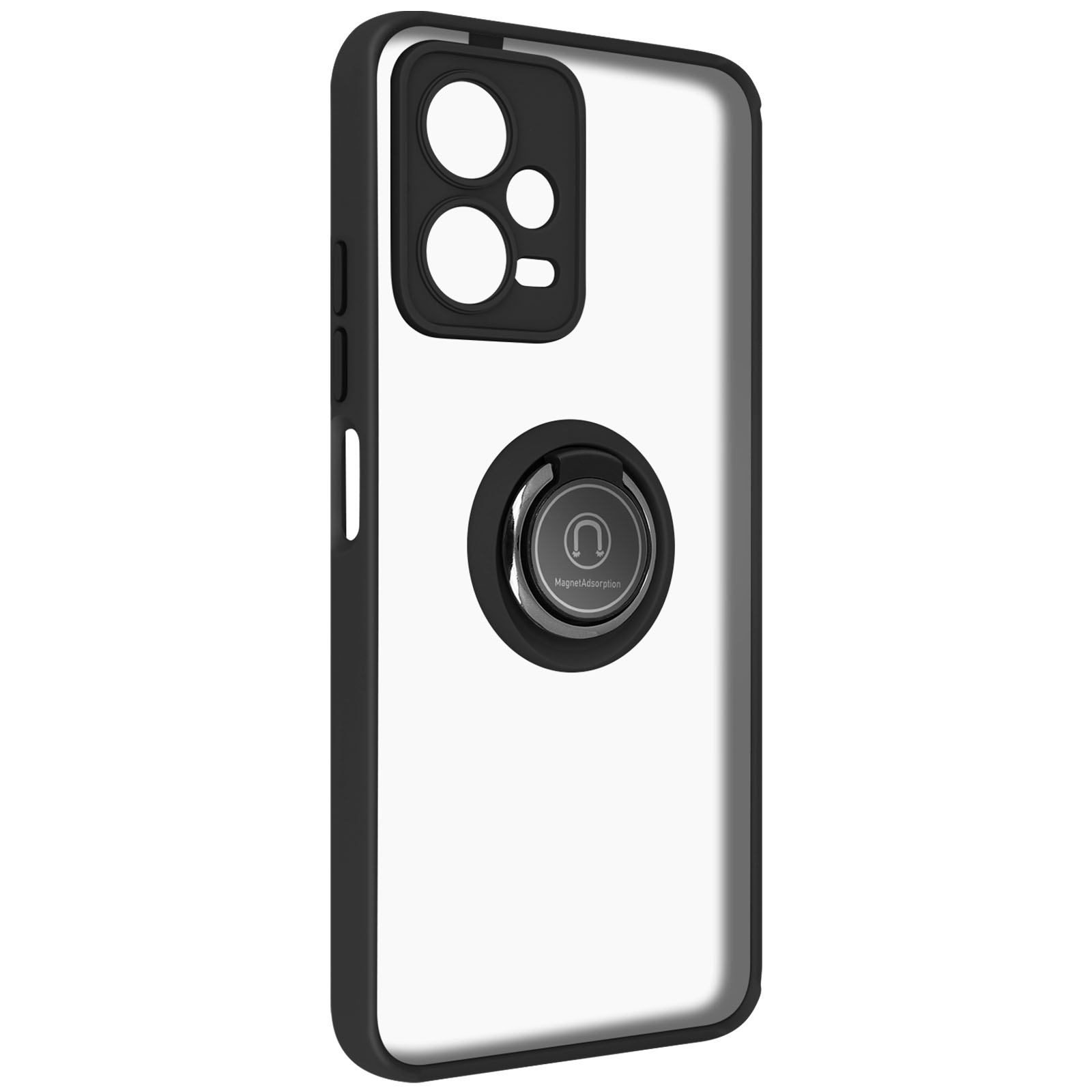 Una custodia per telefono con retro trasparente, cornice nera e supporto ad anello nero. L'anello ha un logo.