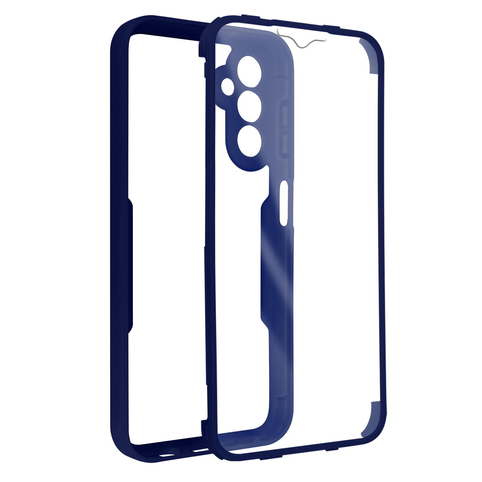 Funda de teléfono azul marino con parte trasera transparente. La funda tiene dos partes.