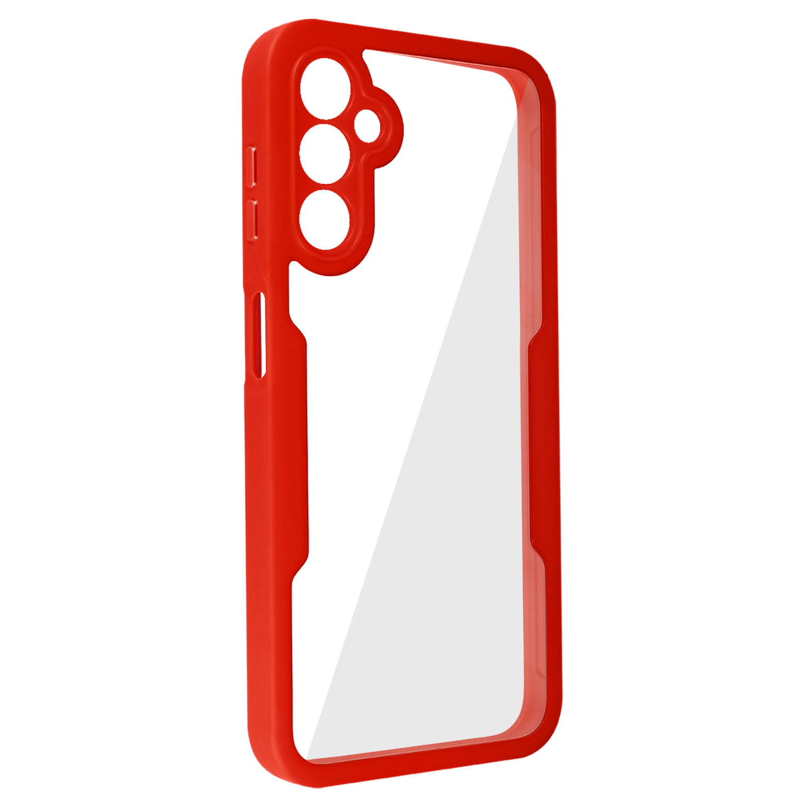 Una custodia per telefono rossa con fori per fotocamera e pulsanti. Retro trasparente.
