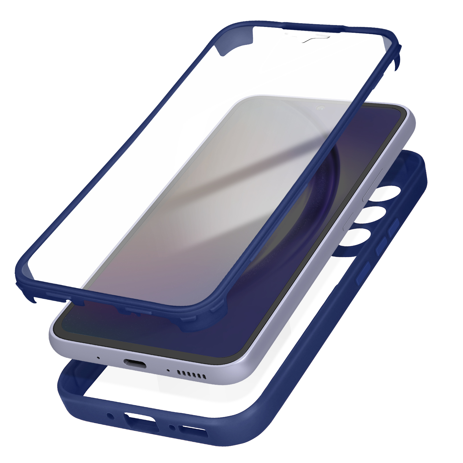 Smartphone mit blauer Hülle und Displayschutz getrennt.