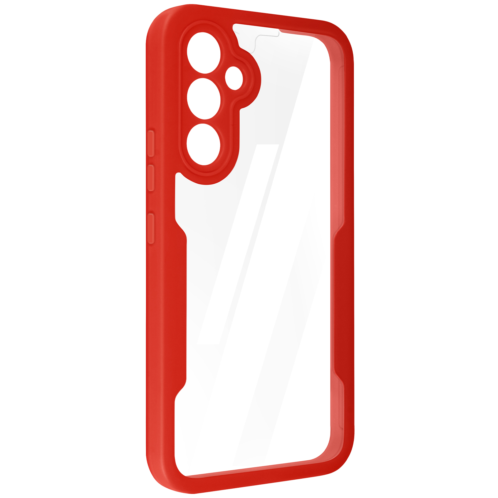 Una custodia per telefono rossa con retro trasparente e ritagli per la fotocamera. Sfondo bianco.