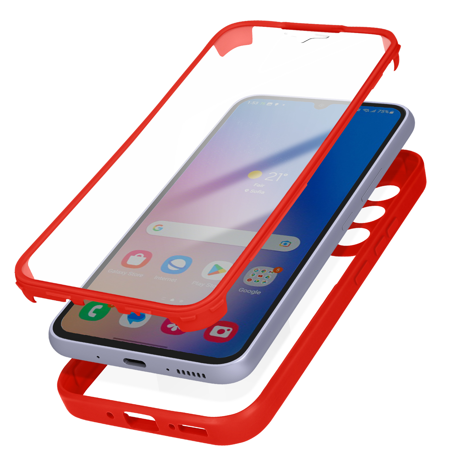 Smartphone con componenti della custodia rossa staccati. Ha uno schermo con app e una fotocamera.