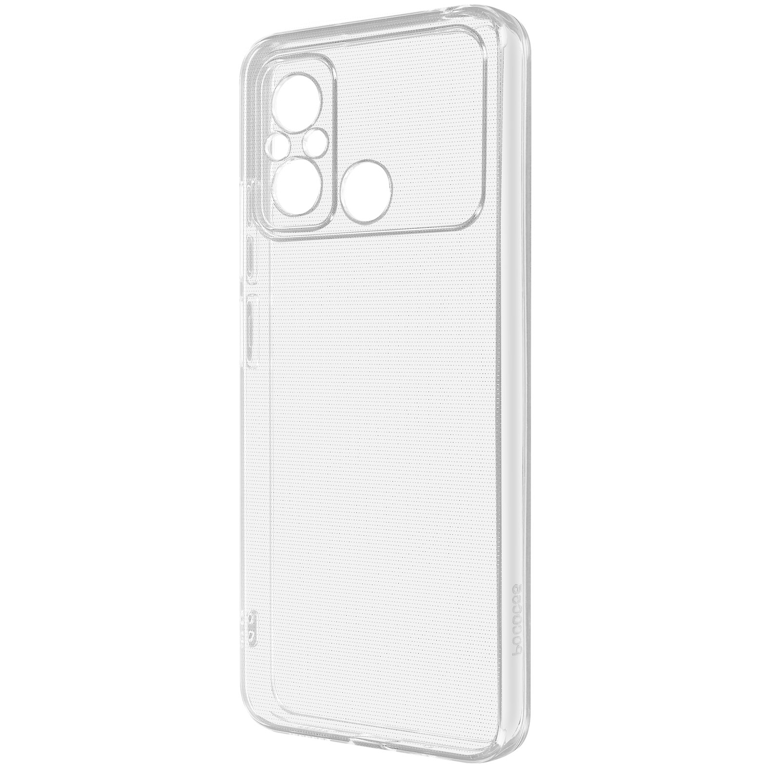 Una custodia trasparente per telefono, che mostra il retro di un telefono. Sfondo bianco.