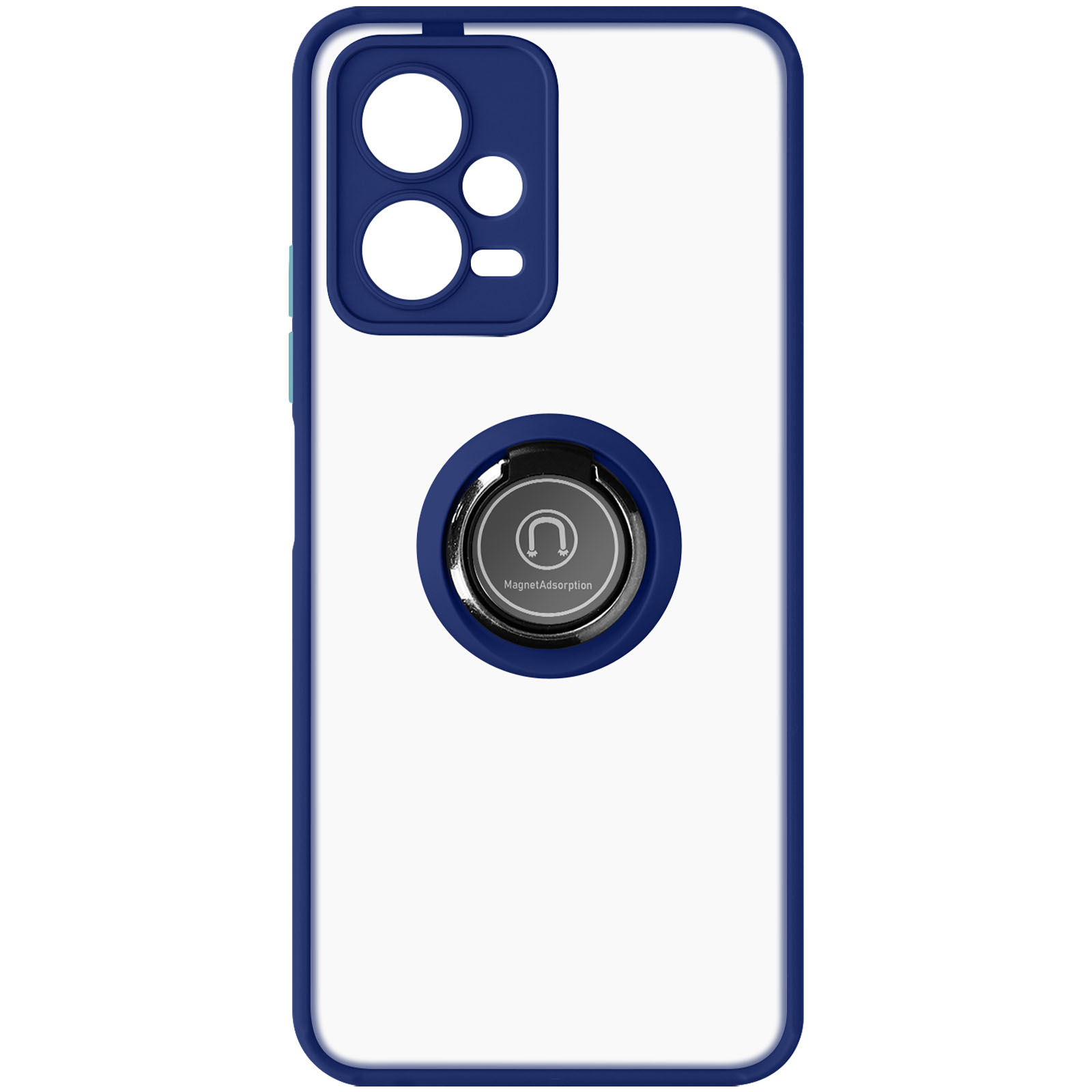 Custodia per telefono blu e trasparente con supporto ad anello. Sfondo bianco.