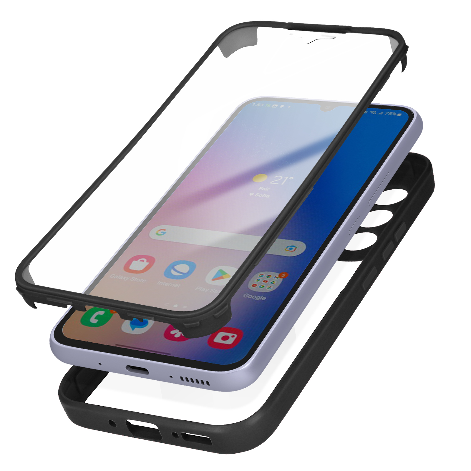 Una vista esplosa di uno smartphone, che mostra il telefono e due protezioni.