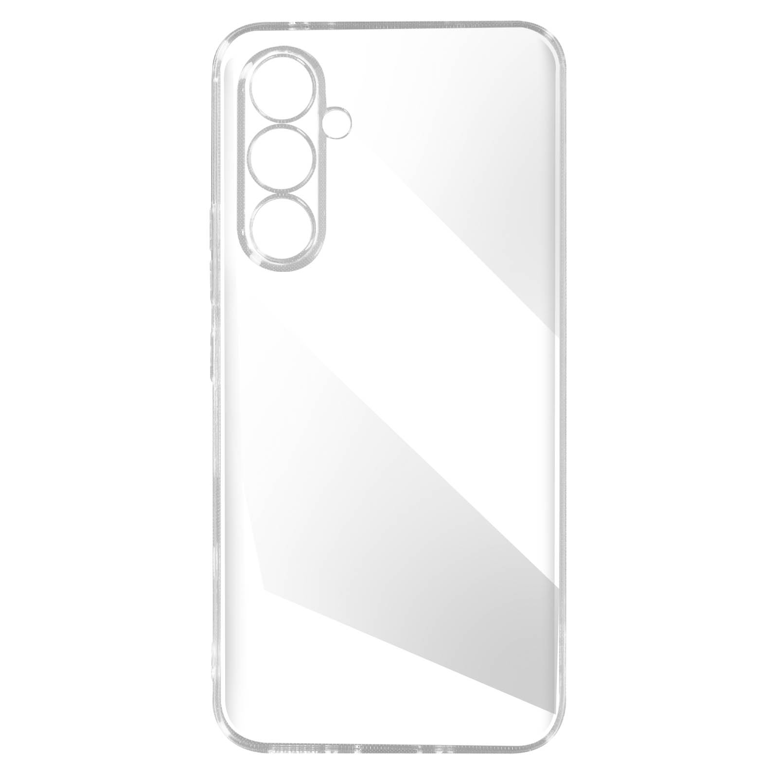 Custodia trasparente per telefono con fori per fotocamera, tre cerchi e forma rettangolare.