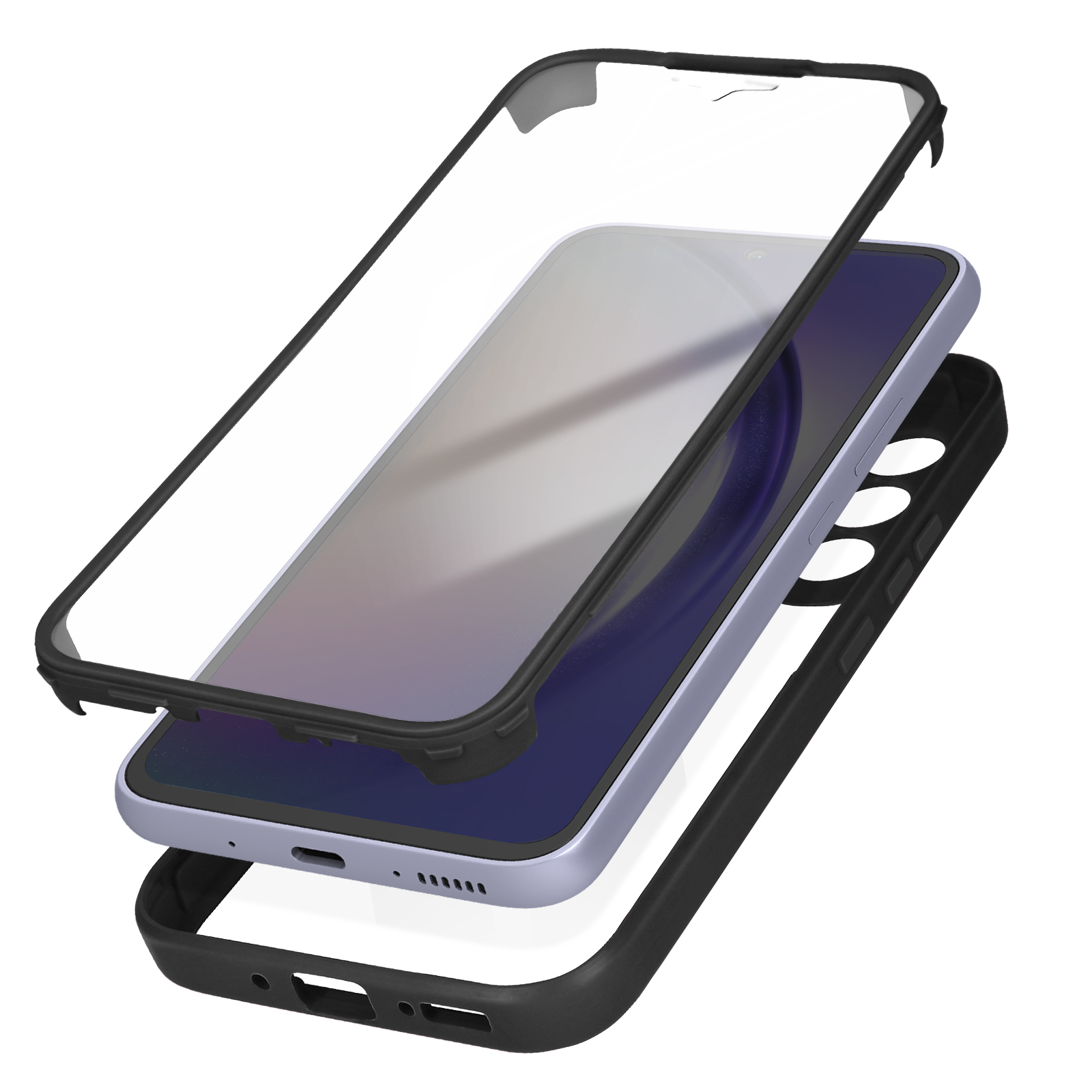 Componenti della custodia dello smartphone: cornice nera, protezione schermo trasparente, telefono. Bianco.