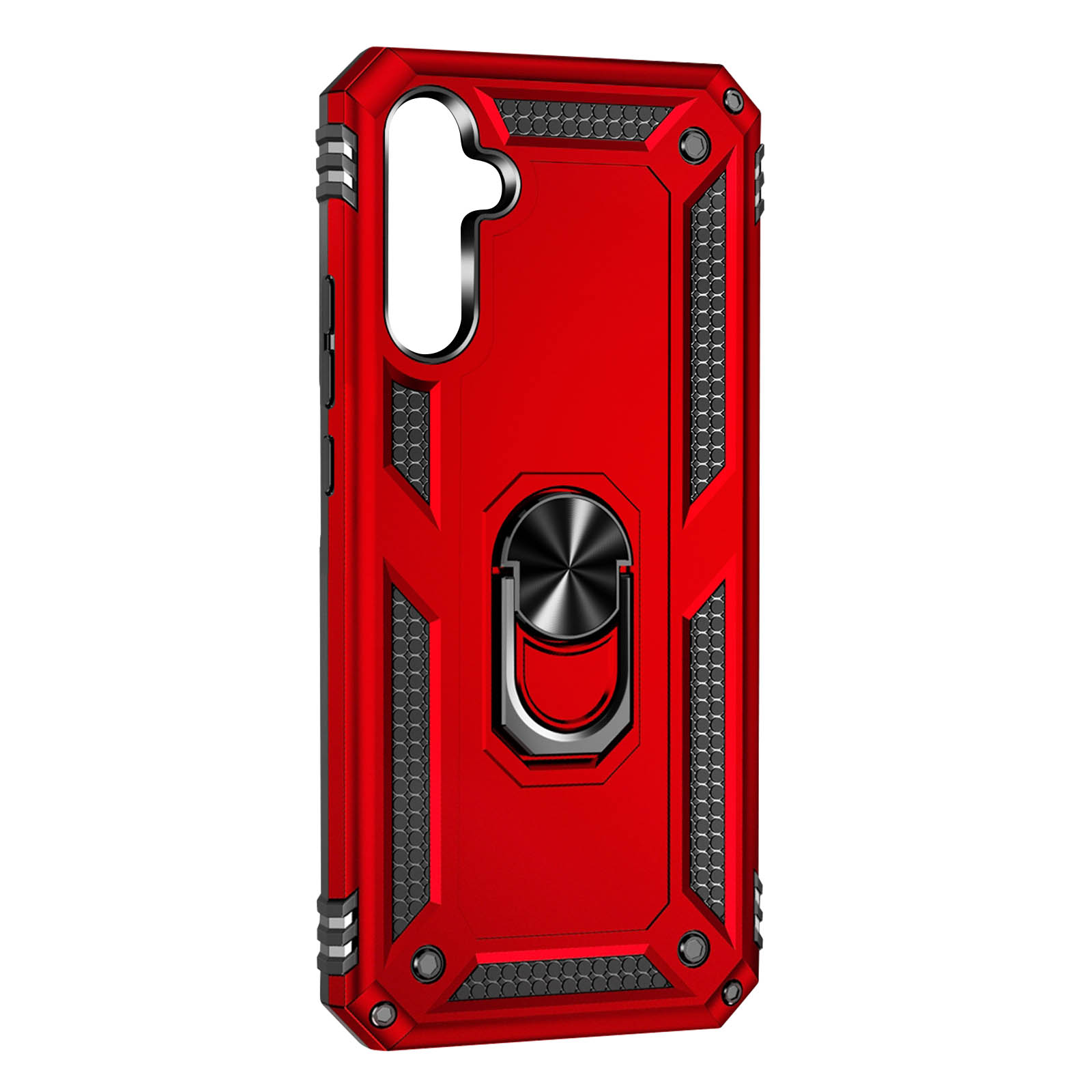 Custodia rossa per telefono con anello metallico sul retro. Design robusto. Dettagli in rete nera visibili.