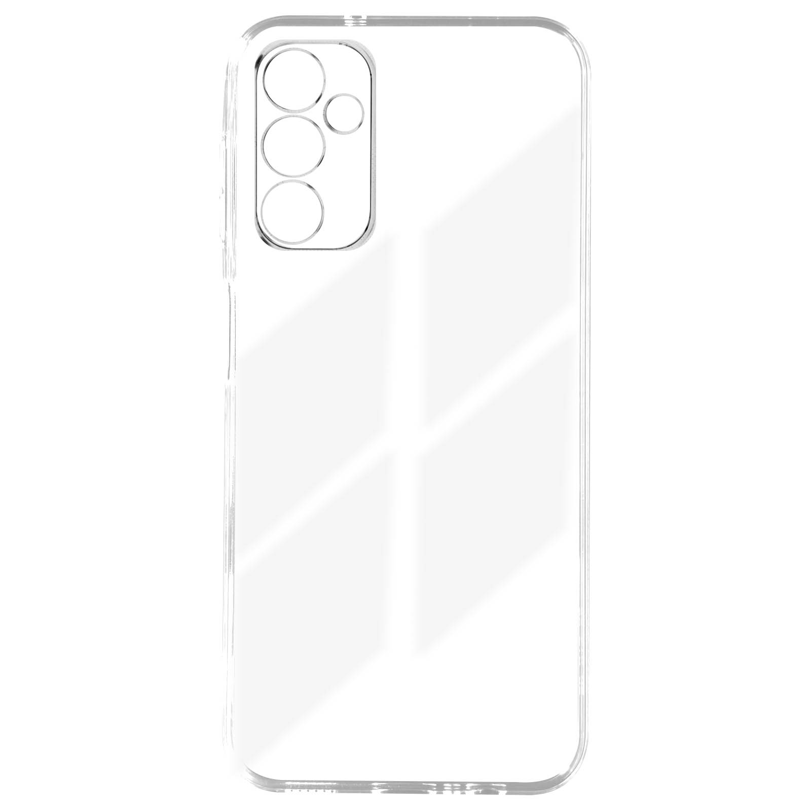 Una custodia trasparente per telefono con tre ritagli per fotocamera. Sfondo bianco.