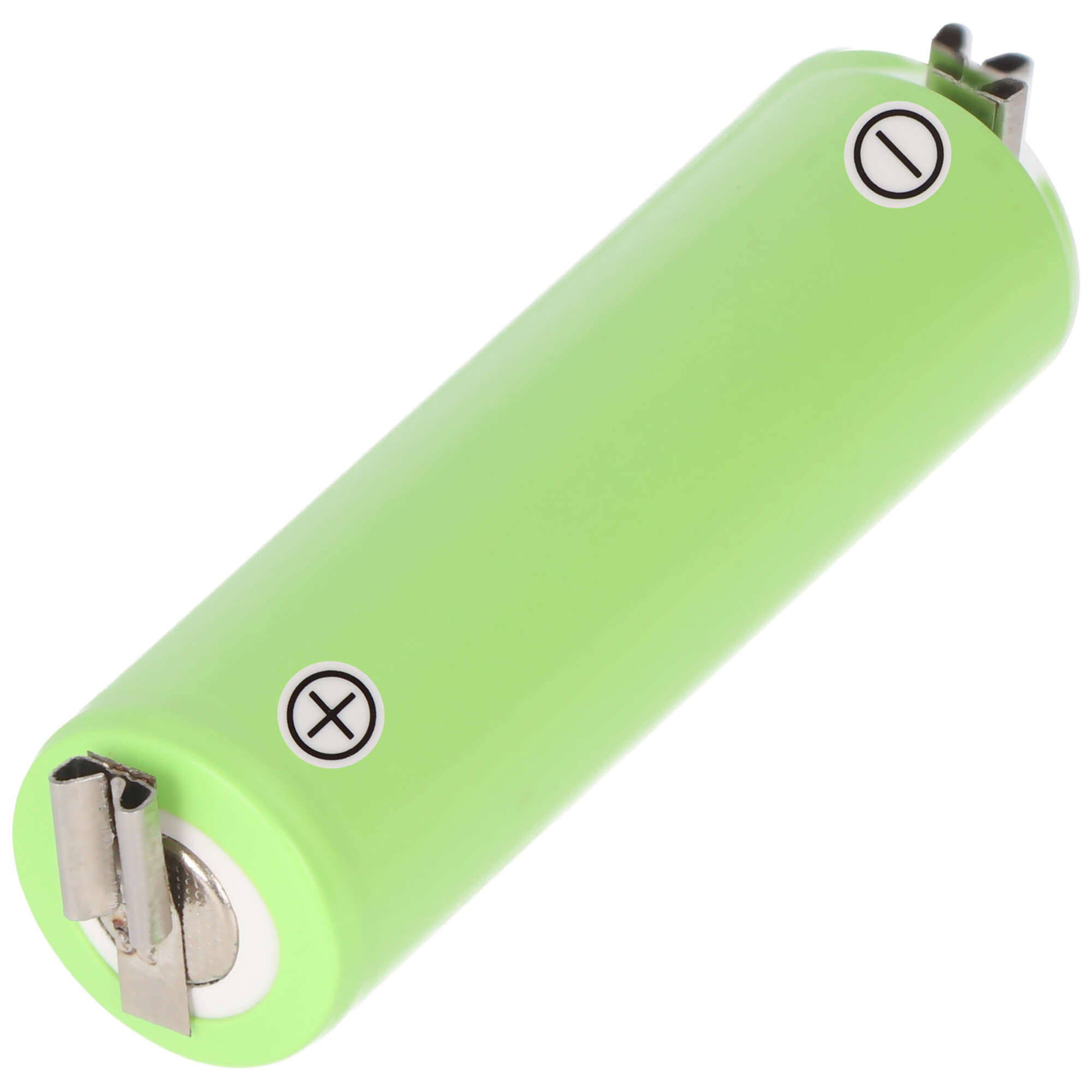 Eine grüne AA-Batterie mit Plus- und Minus-Markierungen. Silberne Metallkontakte sind sichtbar.