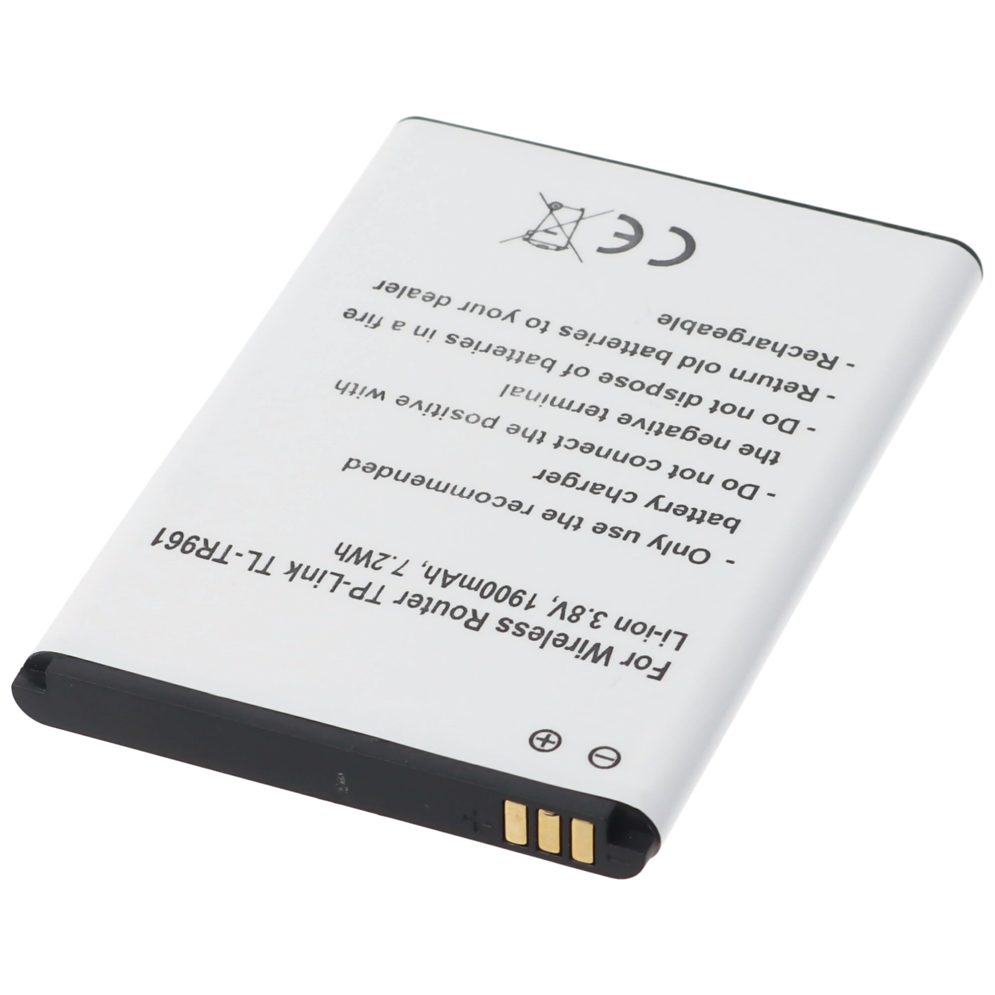 Weiße rechteckige Batterie mit schwarzem Text.
