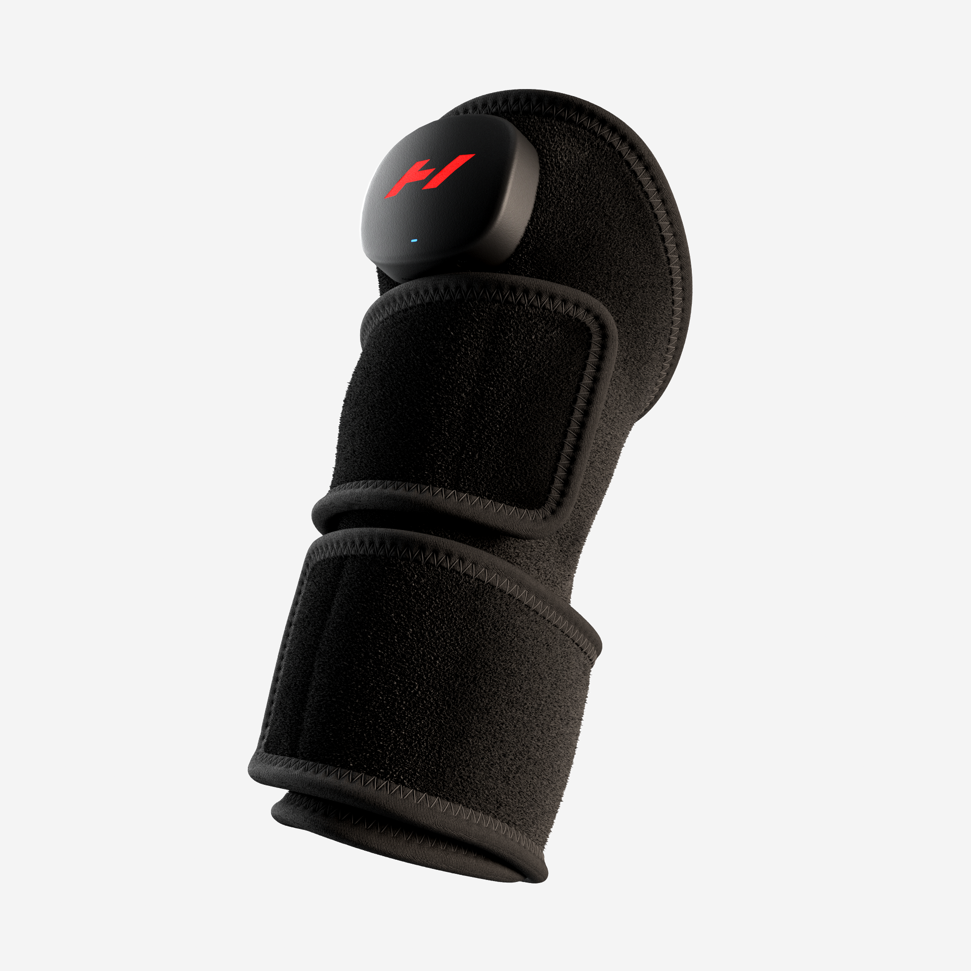Schwarze Kniebandage mit rotem Logo und Klettverschlüssen. Sie ist für das Knie konzipiert.