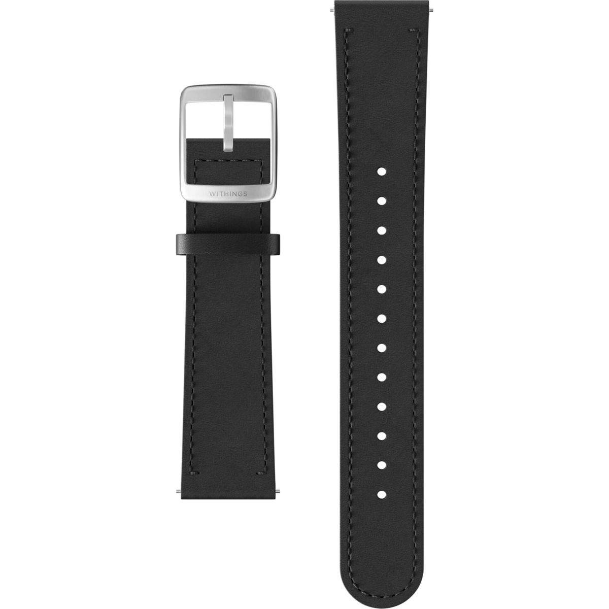 Schwarzes Leder-Uhrenarmband mit silberner Schnalle. Zweites Armband sichtbar.
