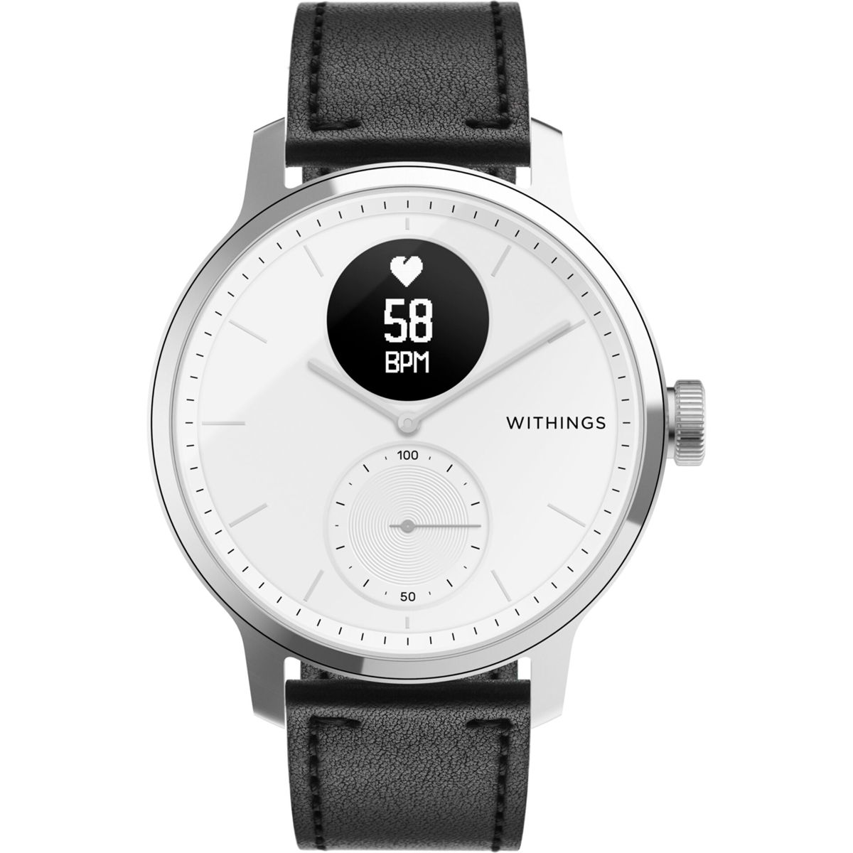 Eine silberne Smartwatch mit schwarzem Armband. Die Uhr zeigt die Herzfrequenz an: 58 BPM. Weißer Hintergrund.