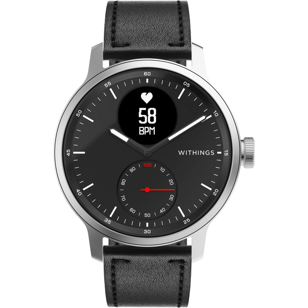 Eine schwarze Smartwatch zeigt die Herzfrequenz: 58 BPM.