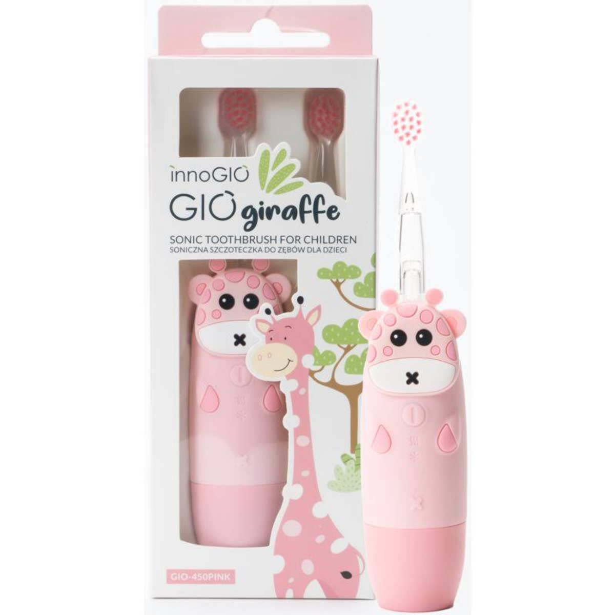 Spazzolino sonico rosa a forma di giraffa per bambini con due spazzole.