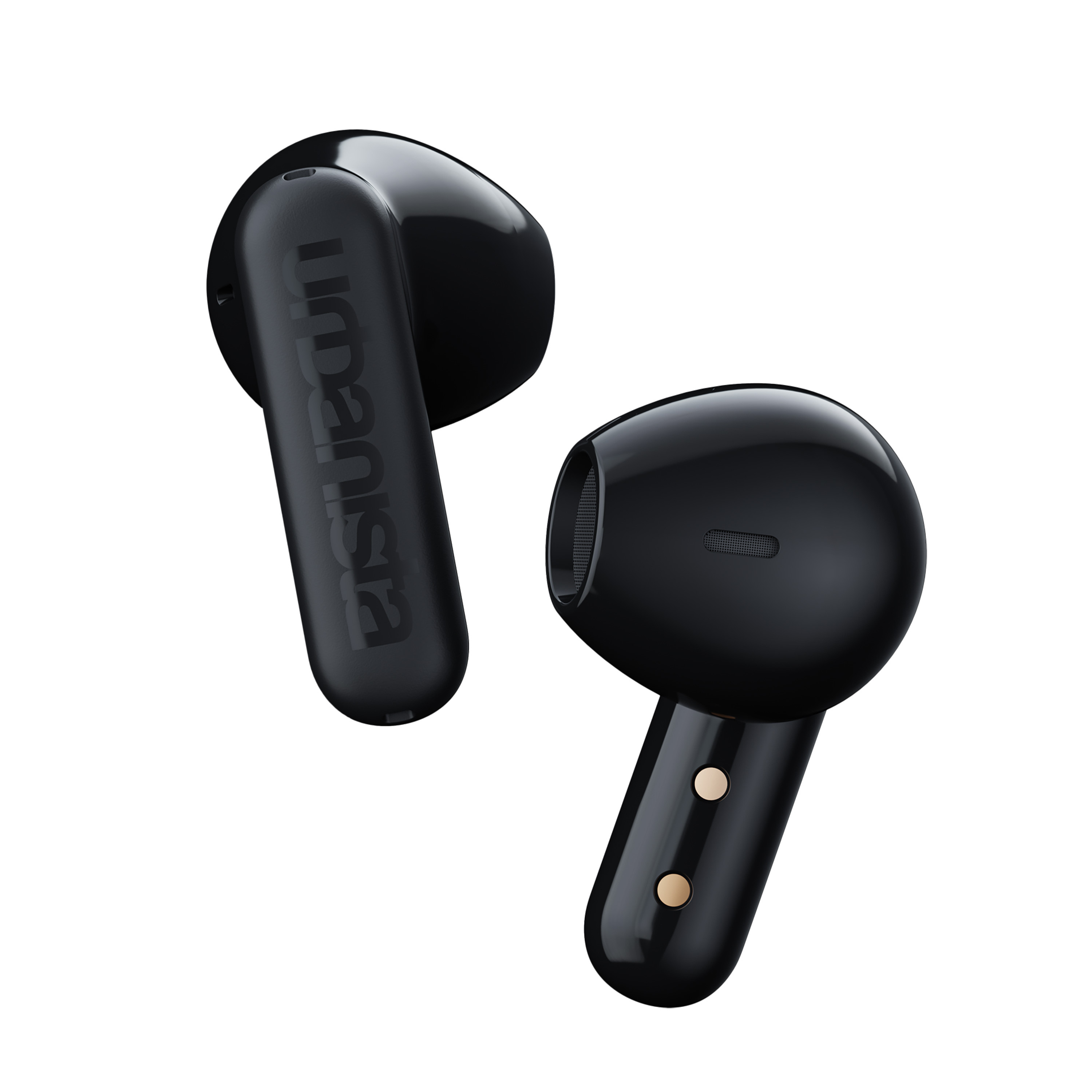 Czarne bezprzewodowe słuchawki z napisem „imanista” na jednej. Na jednej słuchawce widoczne są dwa złote punkty.