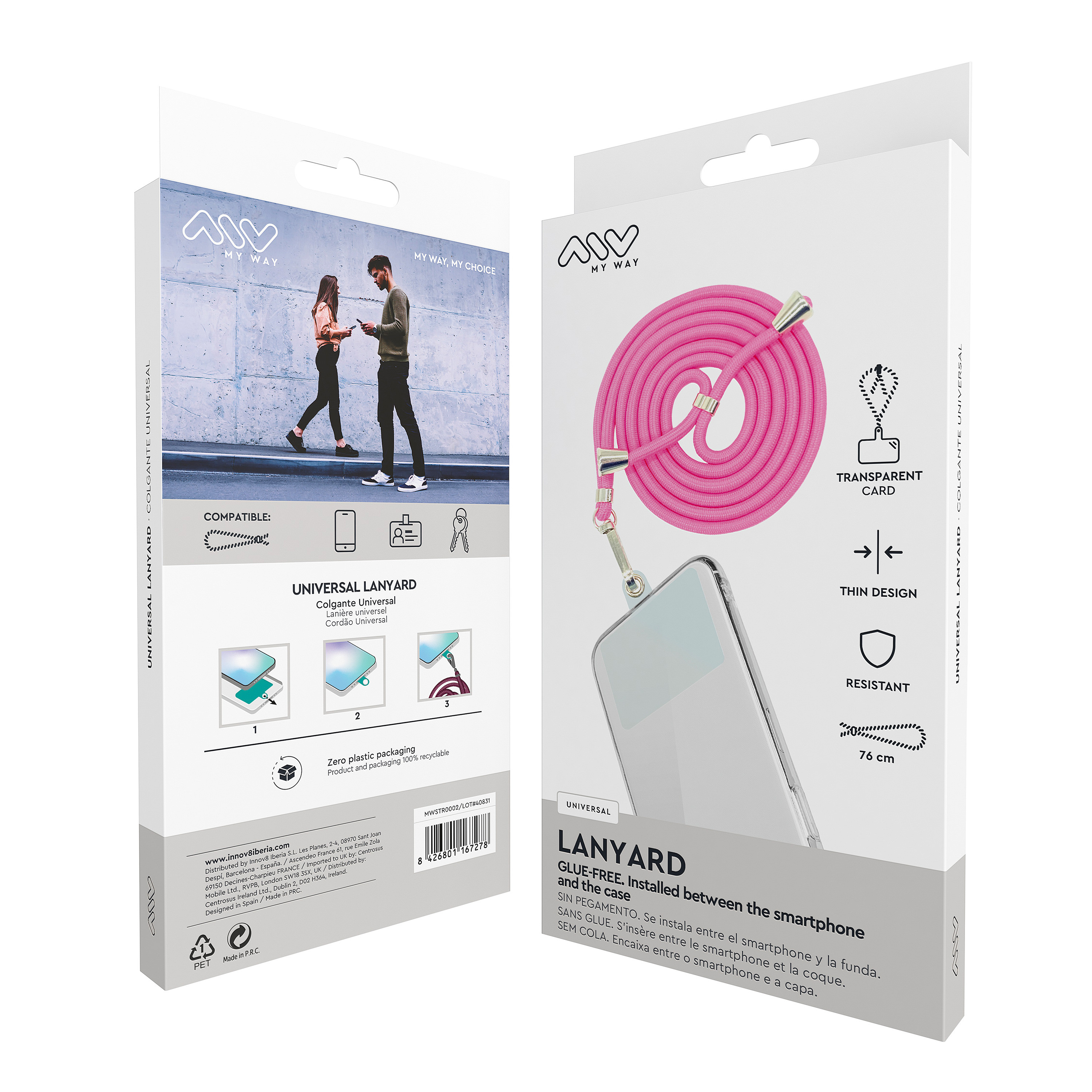 Dos cajas de producto con cordón rosa y smartphone. Una caja muestra una pareja caminando.