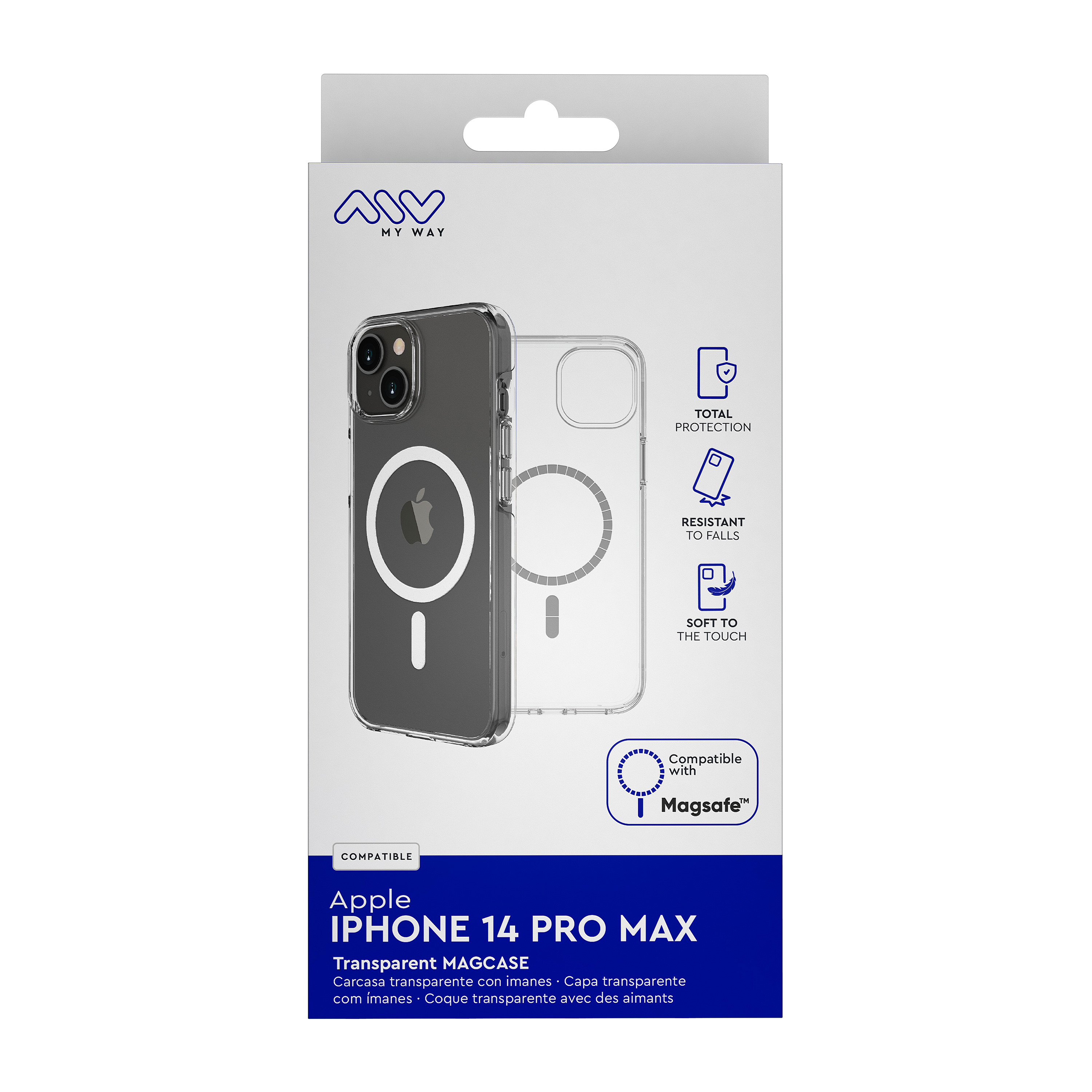 Una caja de funda de teléfono con una funda dentro, mostrando un teléfono con el diseño MagSafe.