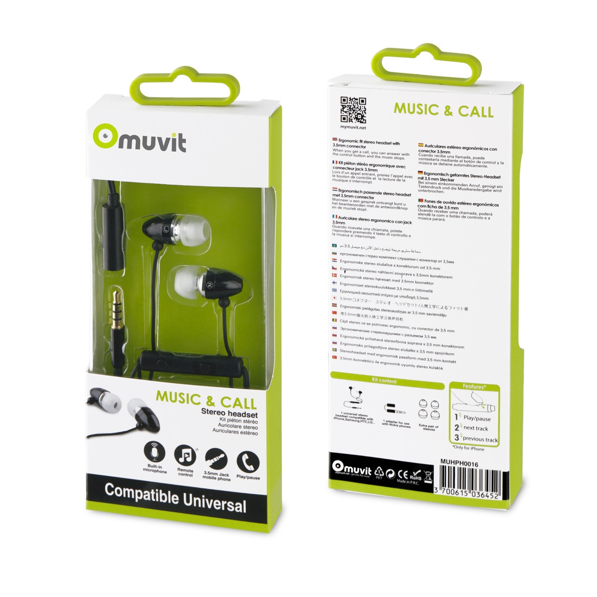Scatola con auricolari neri con telecomando. Sulla scatola è stampato 'Music & Call'.