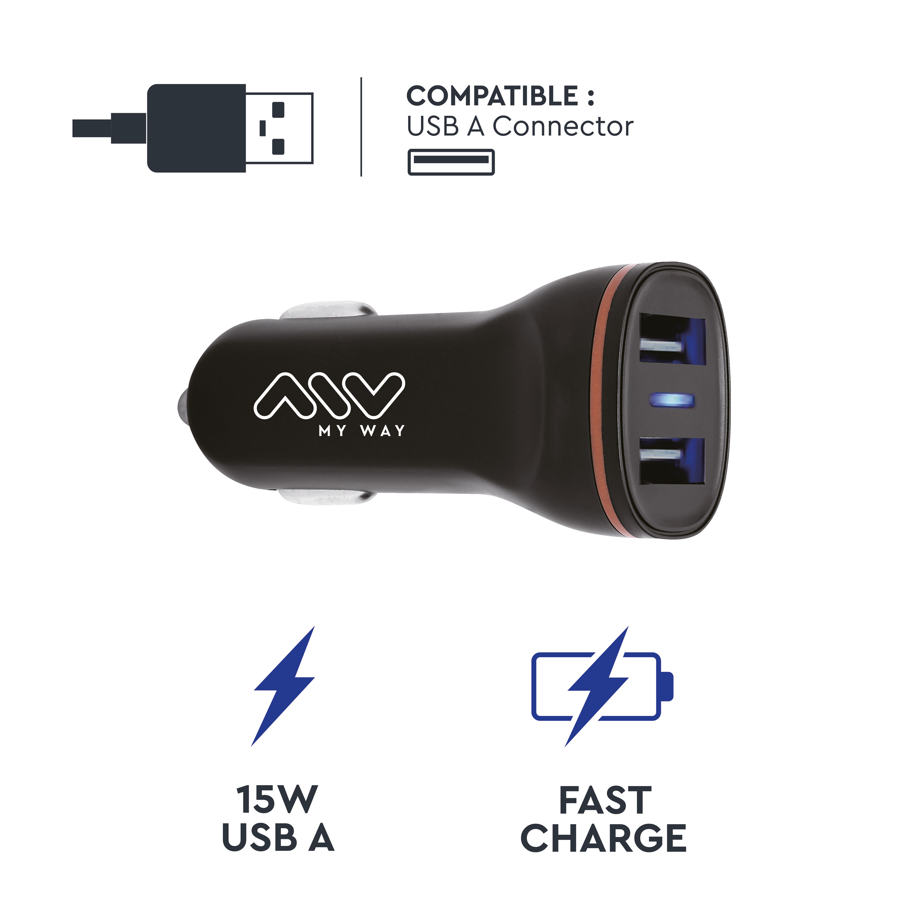 Cargador de coche negro con puertos USB e iconos que indican carga rápida de 15W.