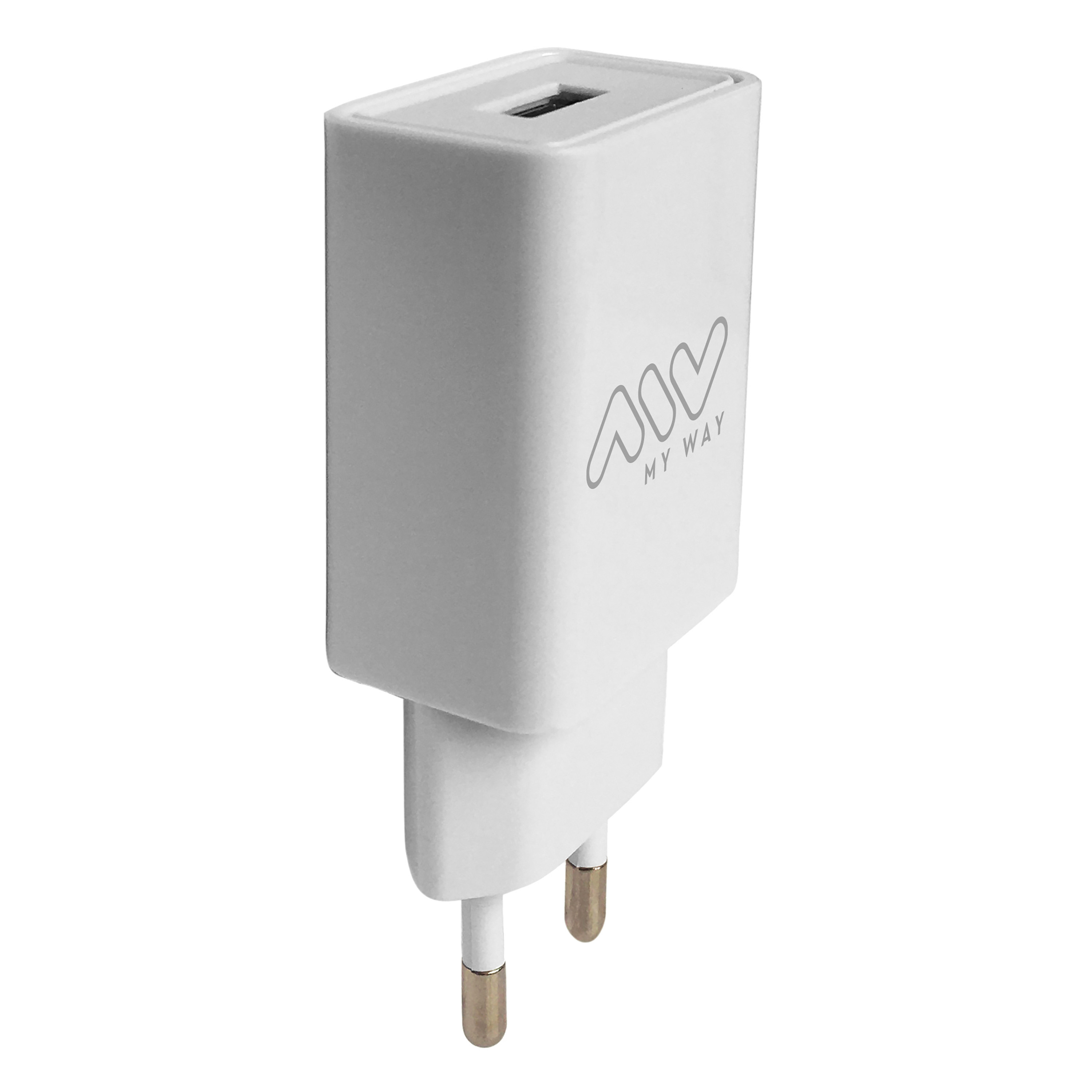 Cargador de pared blanco con puerto USB arriba y dos clavijas. Logo "aiv MY WAY" visible.