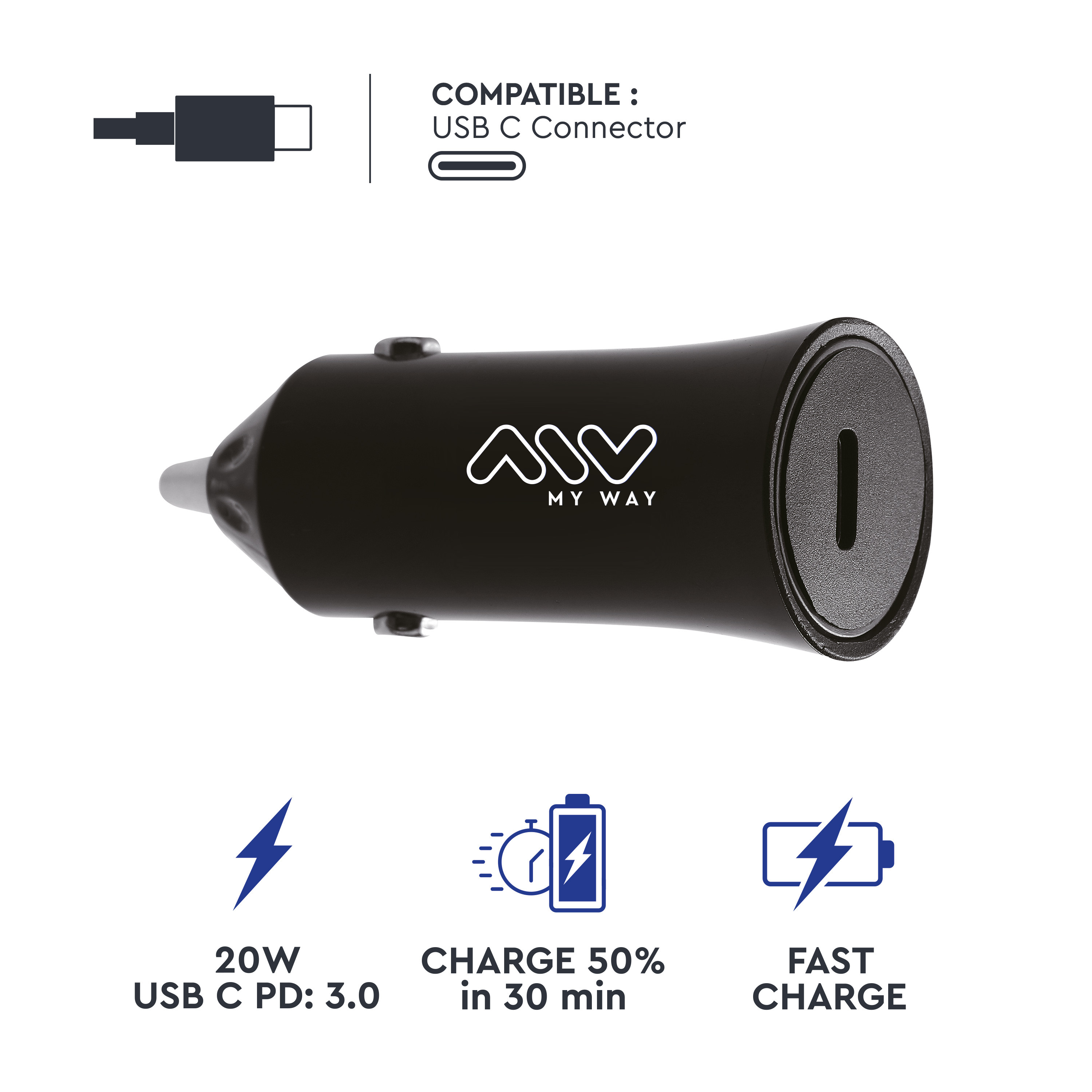 Cargador de coche negro con conector USB-C e información de carga.