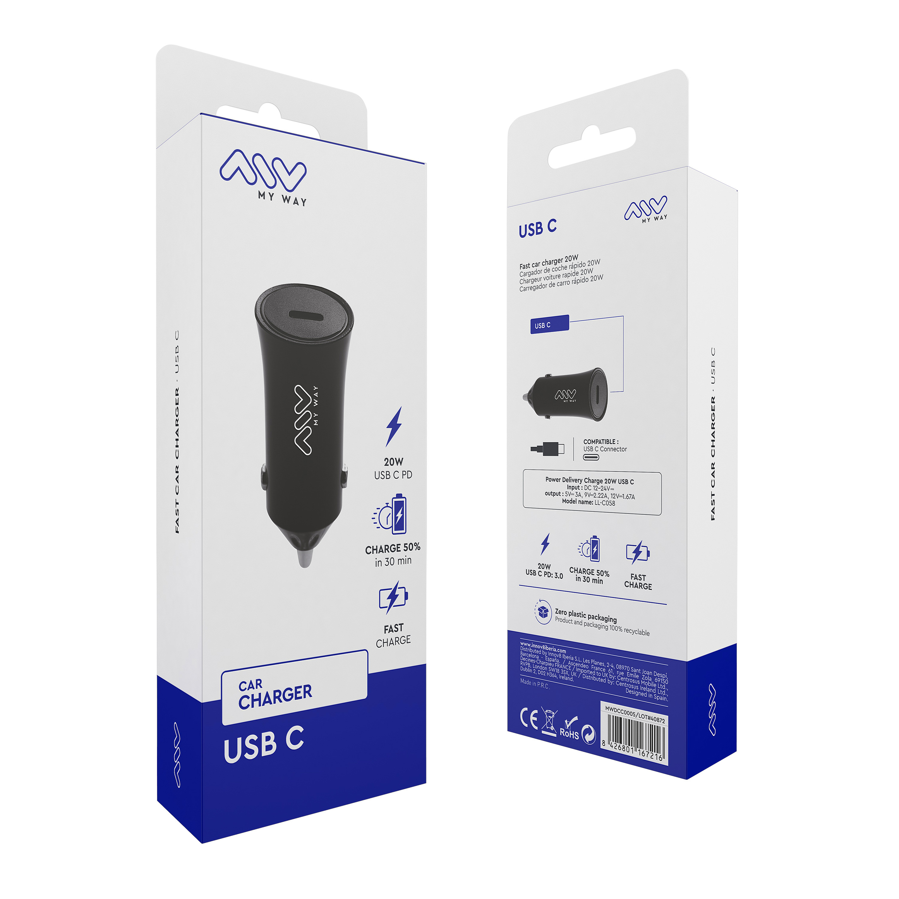Cargador de coche USB-C en dos cajas. Una muestra el cargador, otra información.