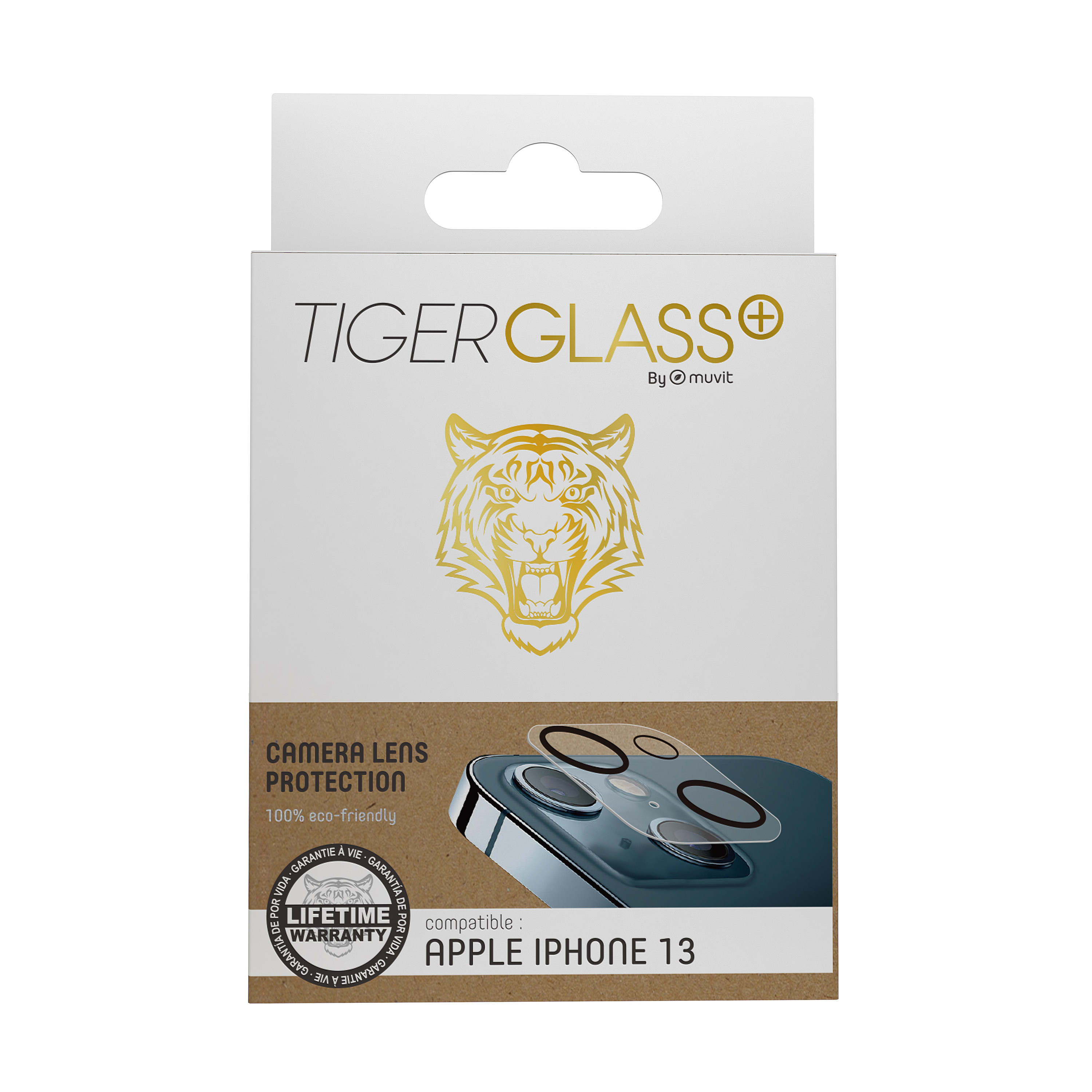 Una scatola di protezione schermo TigerGlass per un Apple iPhone 13, che mostra gli obiettivi della fotocamera.