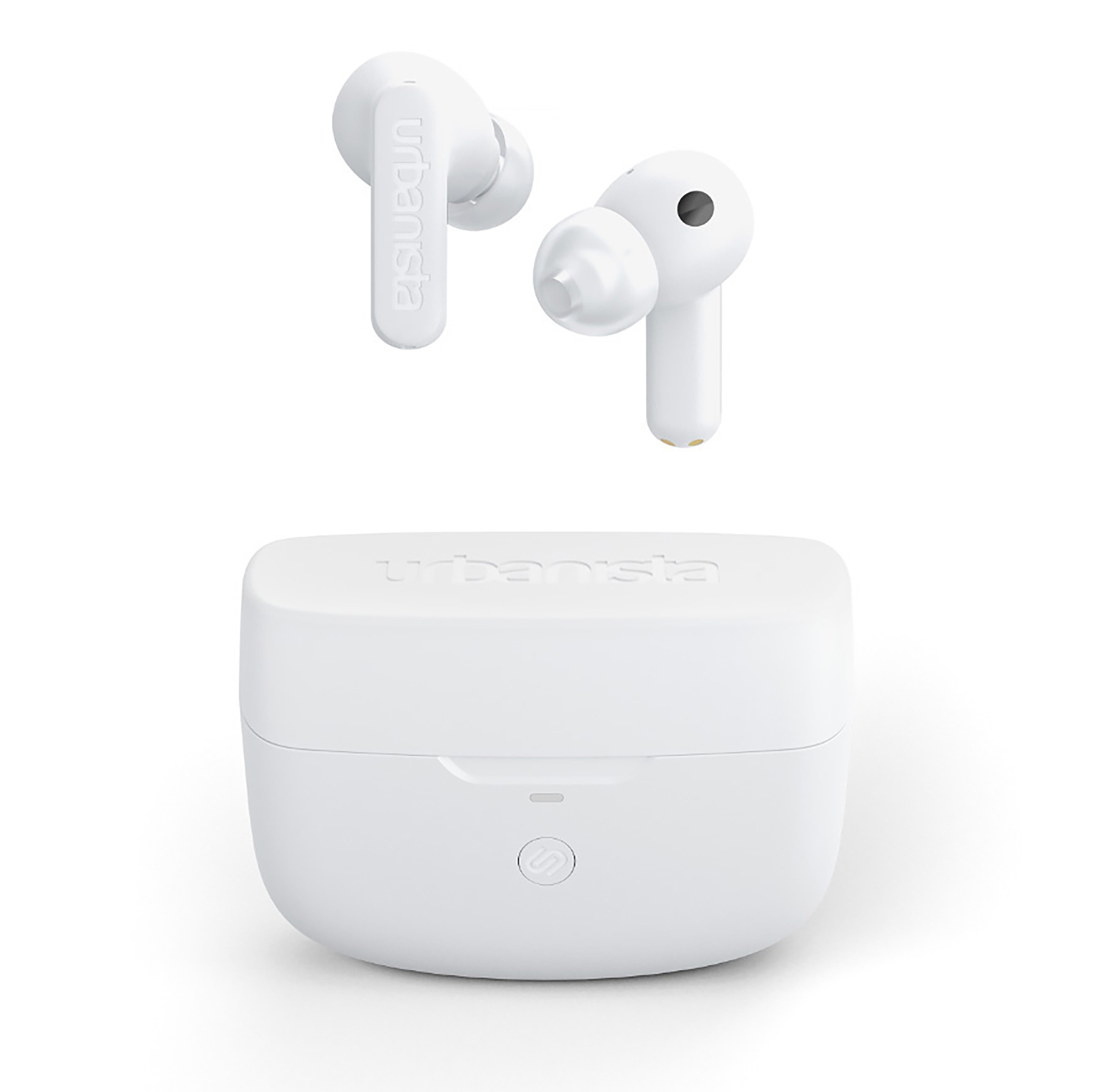 Auriculares blancos y estuche de carga. El estuche es rectangular y tiene un botón. Fondo blanco.