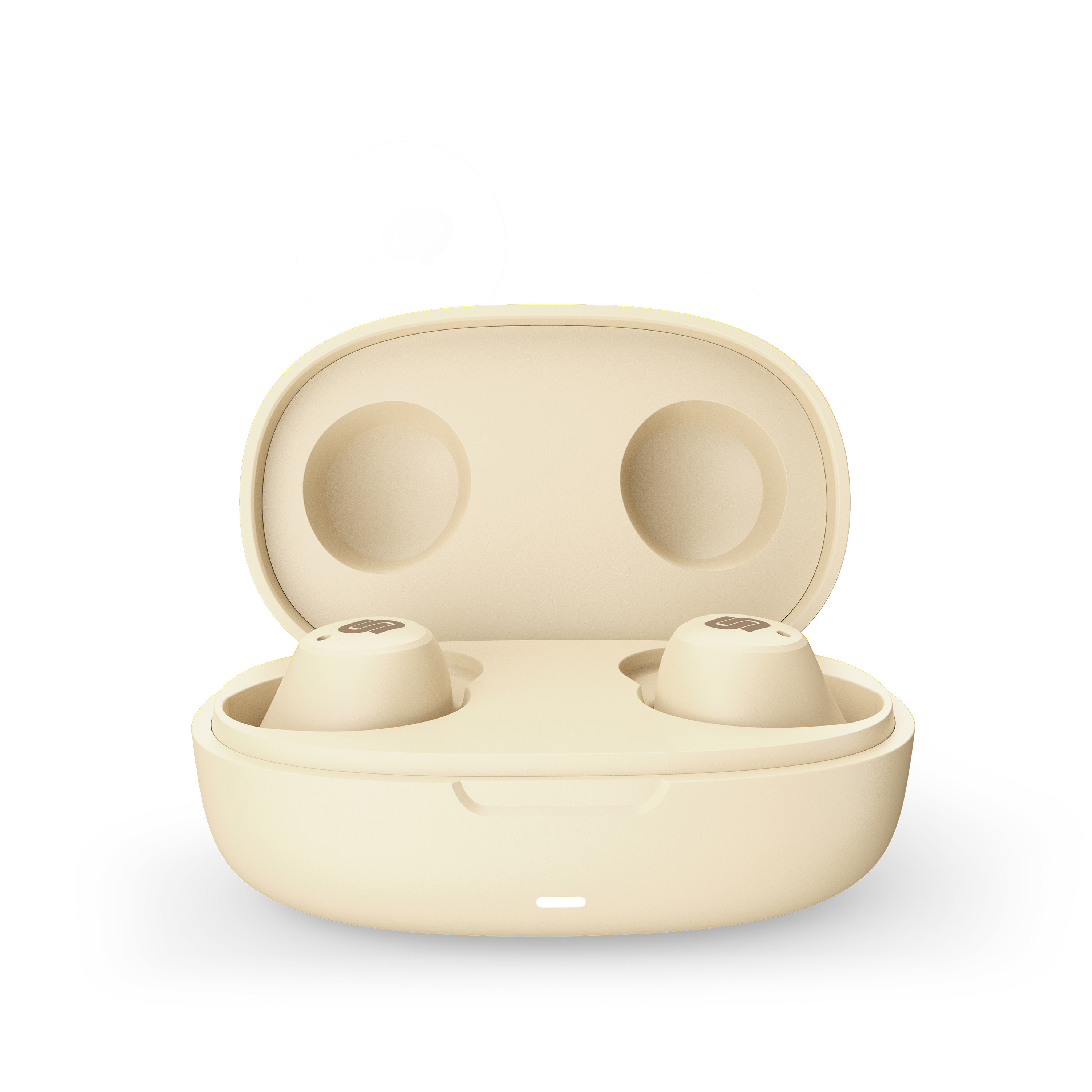 Beżowe słuchawki douszne w otwartym etui. Białe tło.