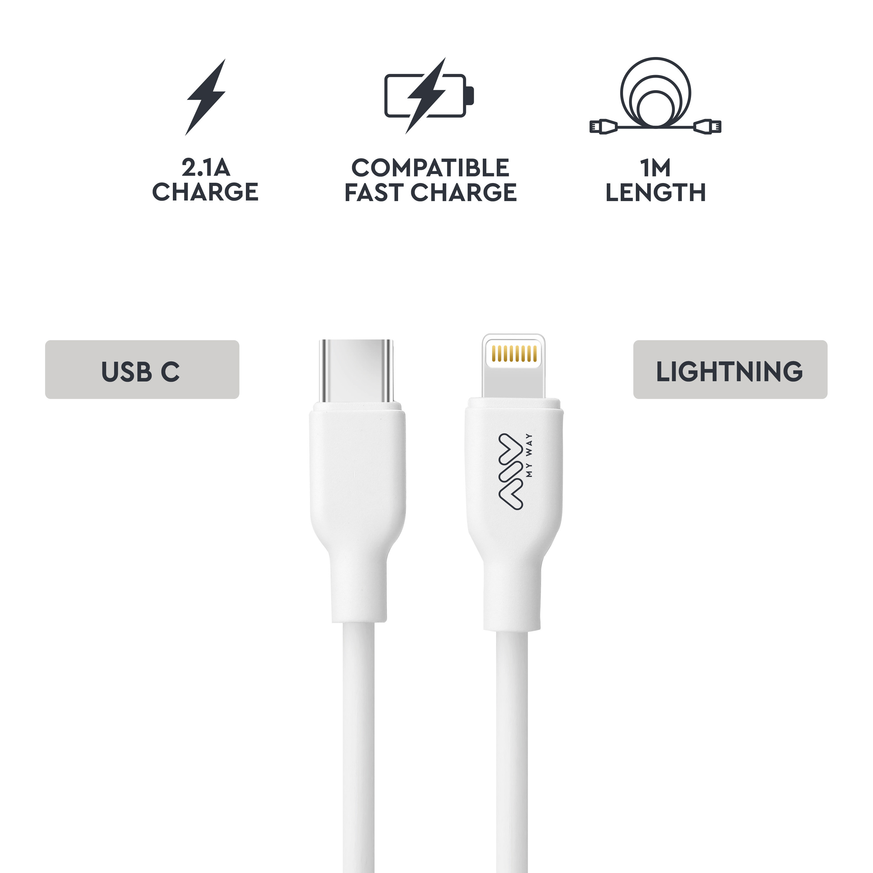 Cables USB-C y Lightning blancos con texto sobre velocidad de carga y longitud. Fondo blanco.
