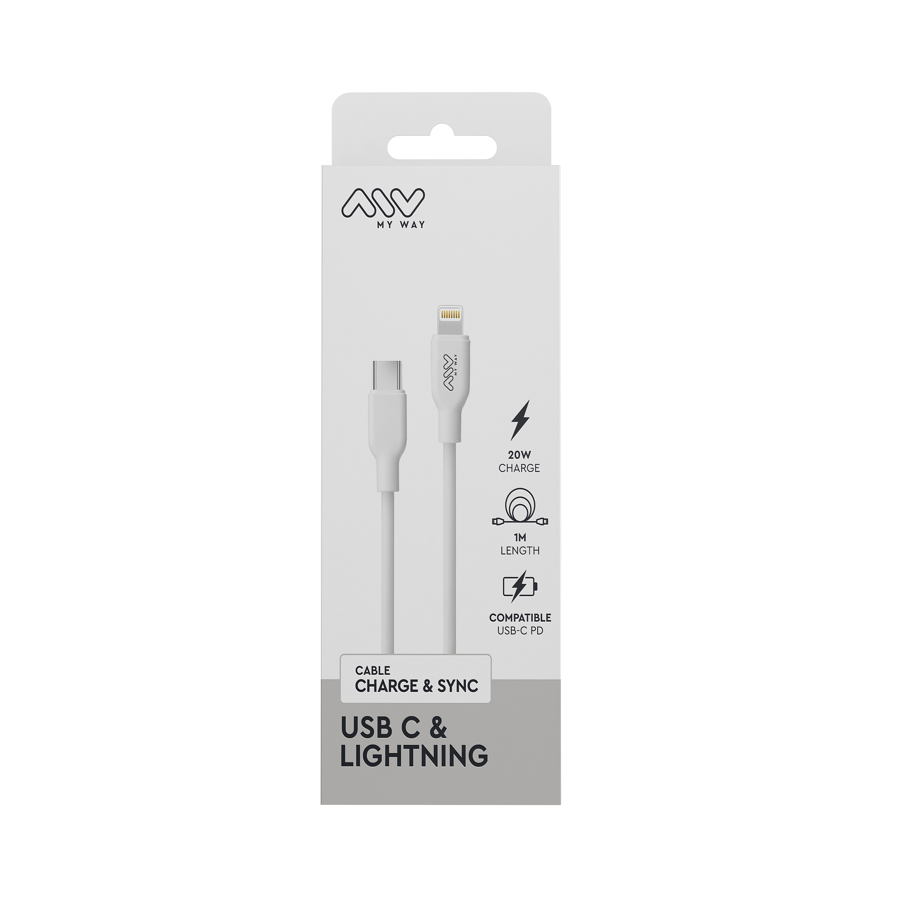 Cable blanco USB C a Lightning en un paquete. El paquete tiene la marca e iconos.