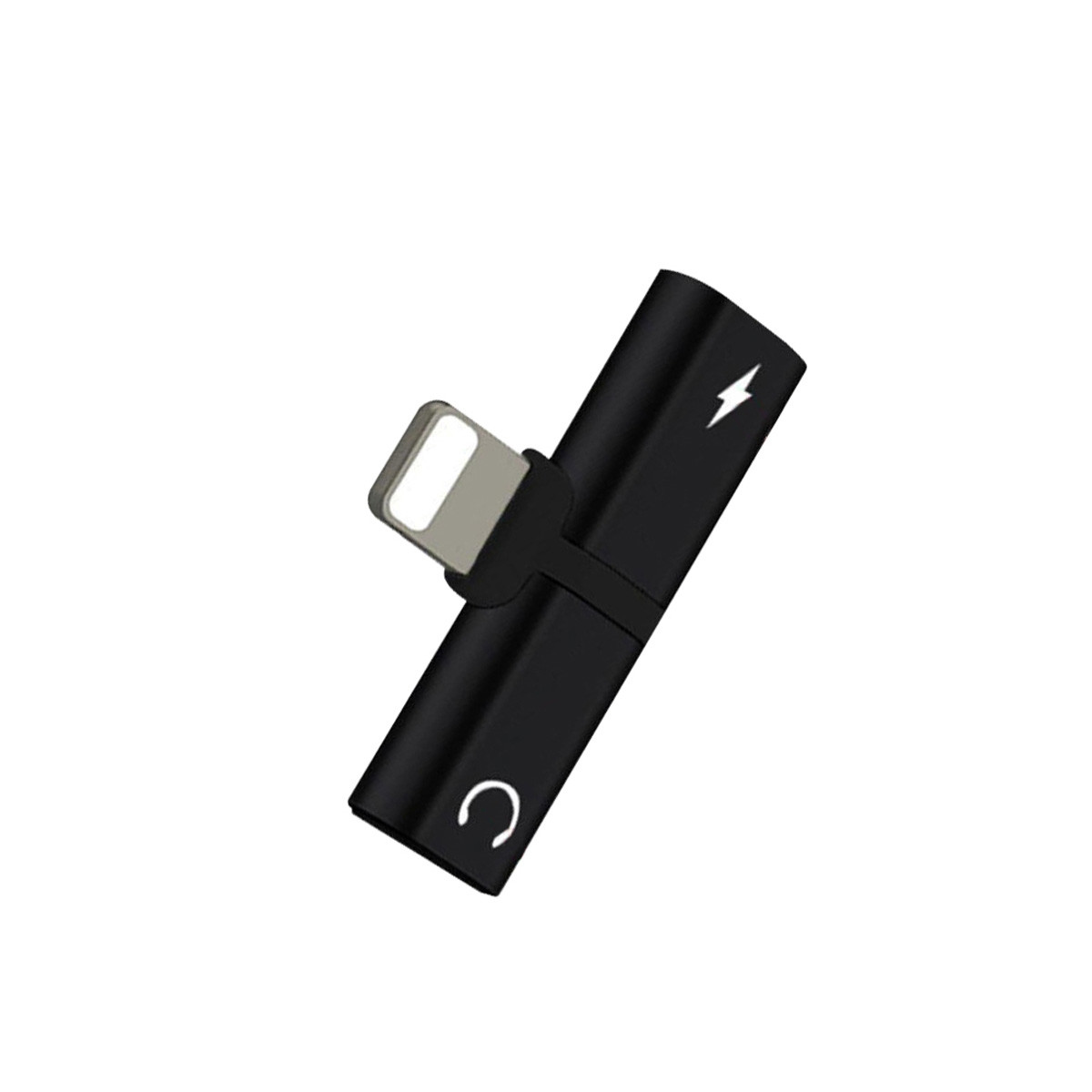 Un adaptador negro con un conector Lightning y un conector para auriculares.