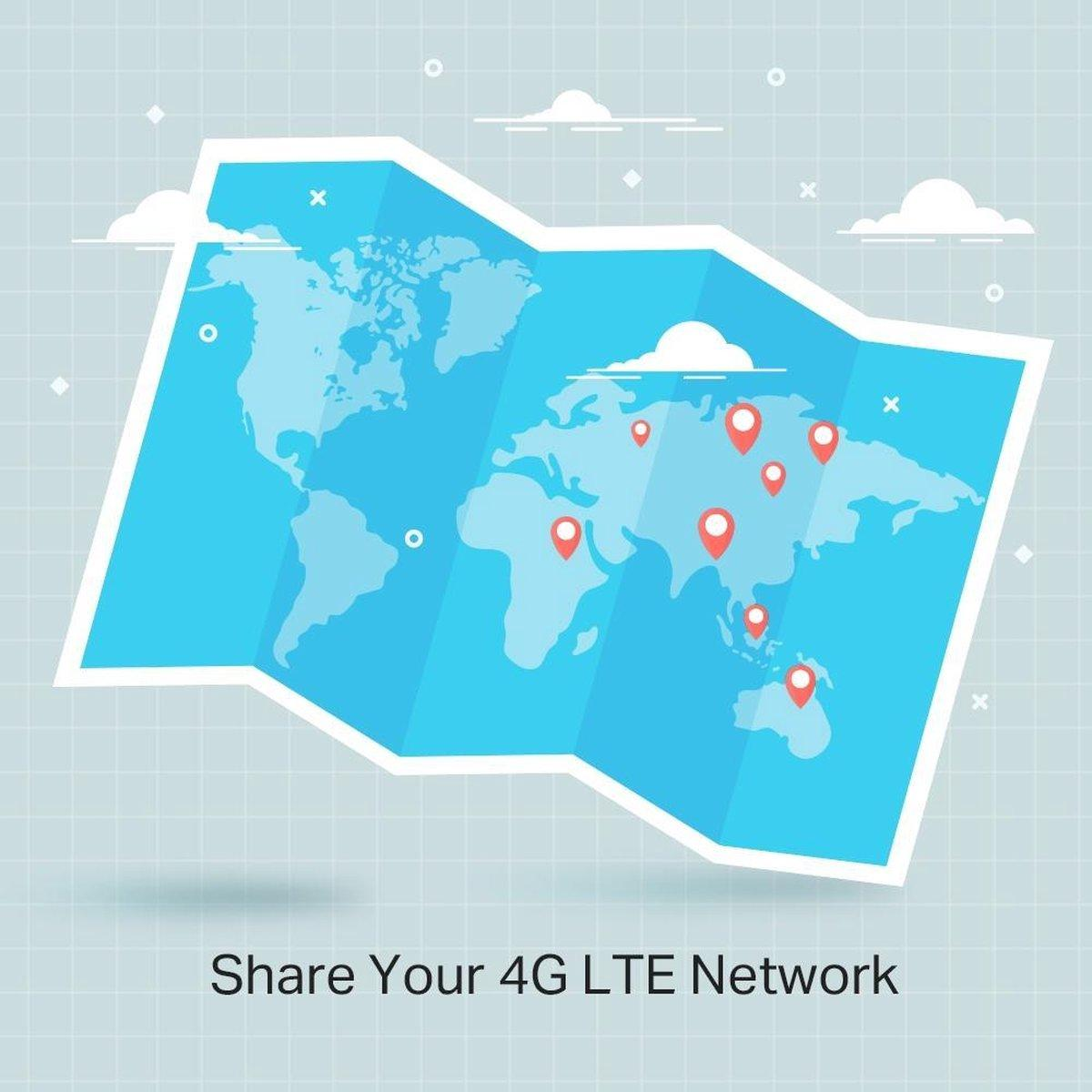 Mapa świata z czerwonymi pinezkami lokalizacji i tekstem: Udostępnij swoją sieć 4G LTE.