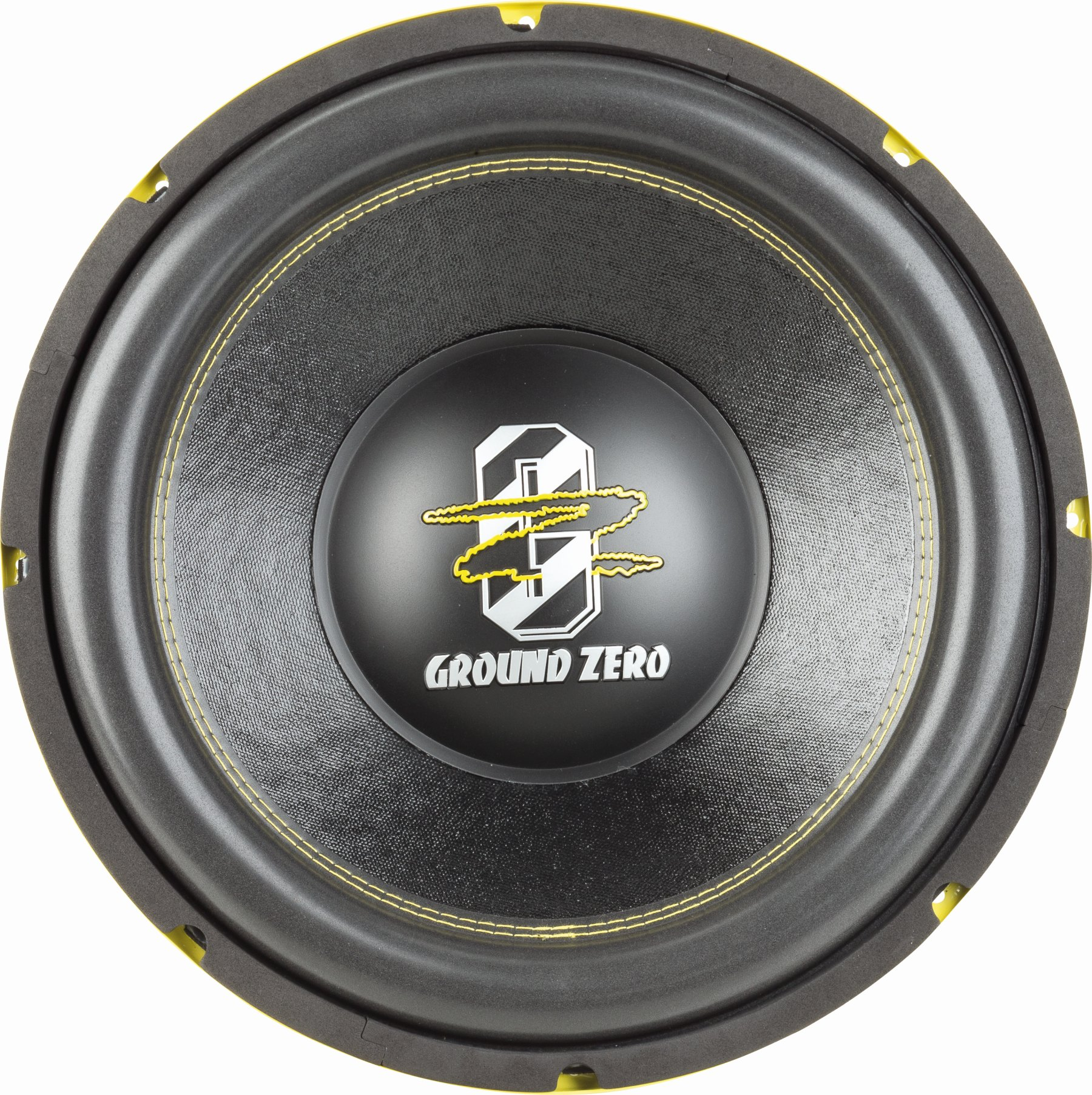 Schwarzer Subwoofer-Lautsprecher mit gelbem Rand und zentralem Ground Zero-Logo.