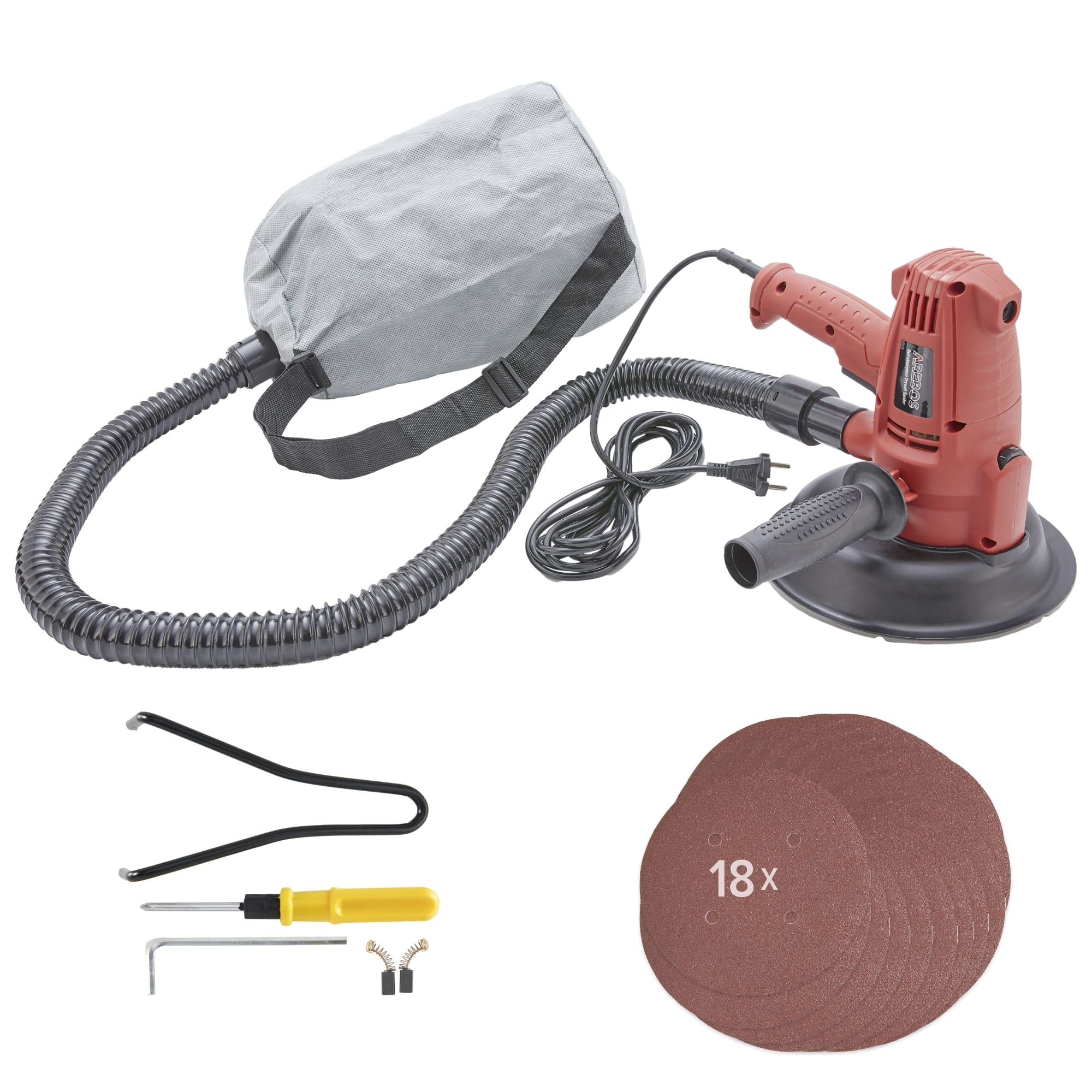 Roter Elektroschleifer mit Zubehör und grauem Staubbeutel, auf weißem Grund.