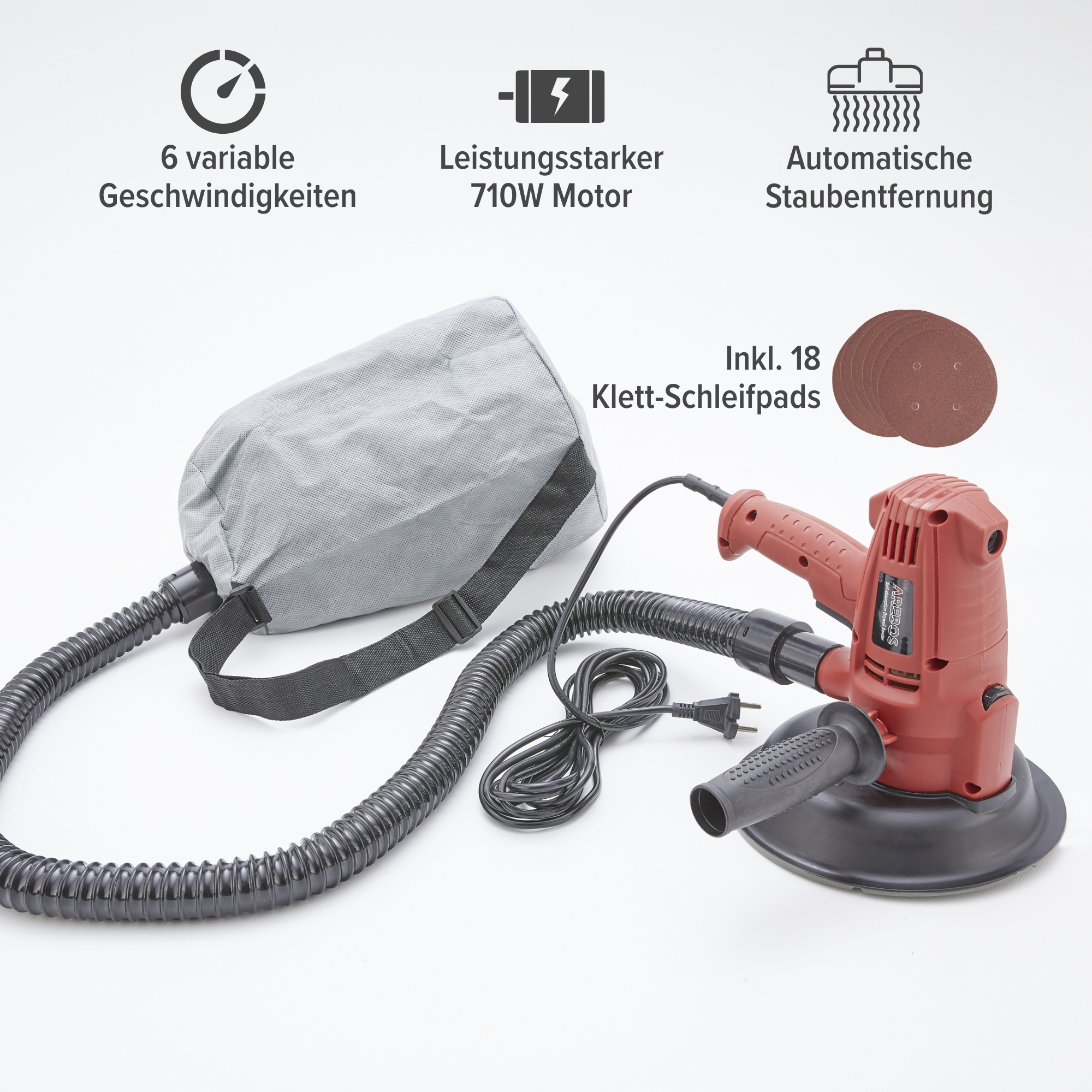 Ein roter Elektroschleifer mit einem grauen Staubbeutel und drei Symbolen für Geschwindigkeit, Motor und Staubentfernung.