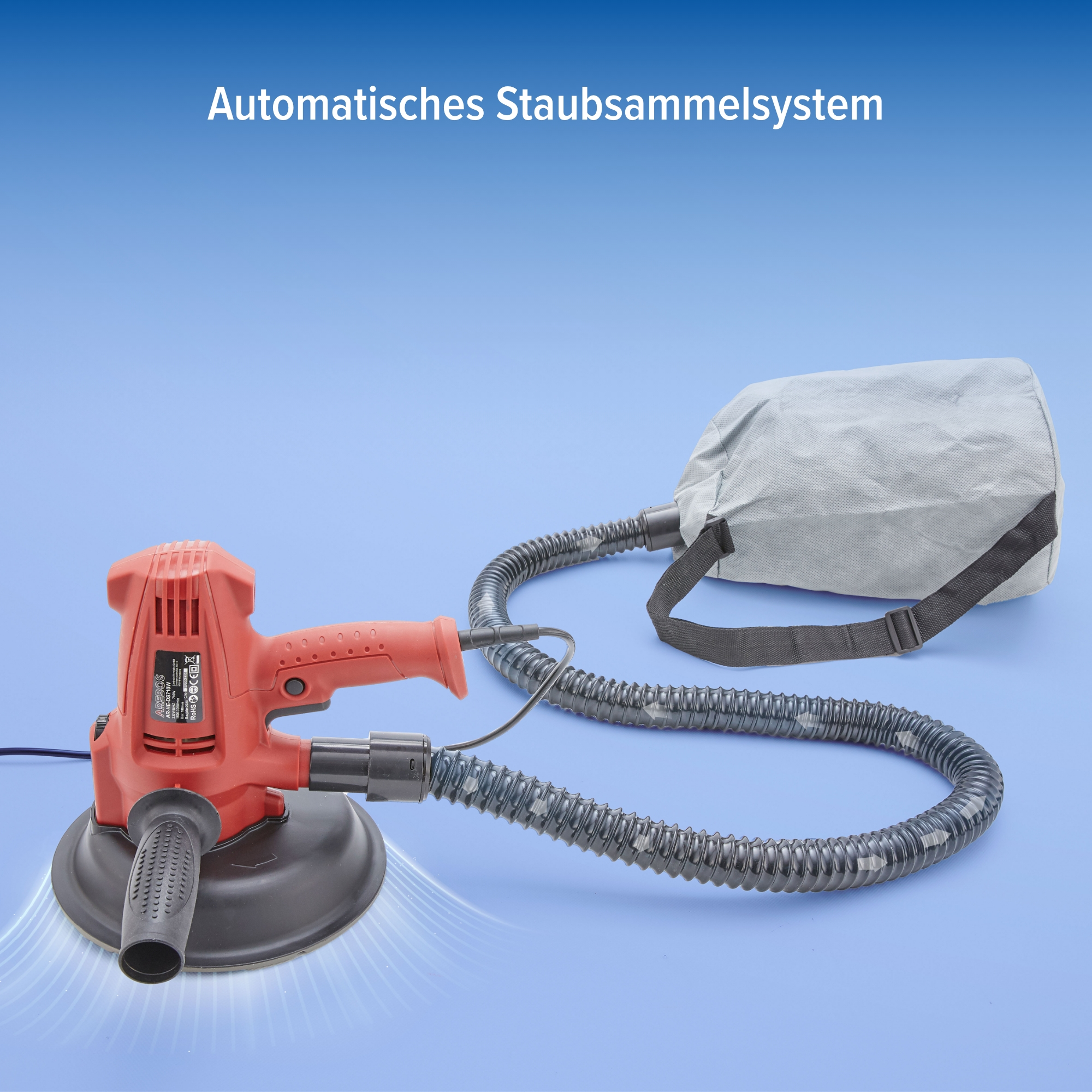 Roter Exzenterschleifer mit grauem Staubbeutel, Text: 'Automatisches Staub Sammelsystem'.