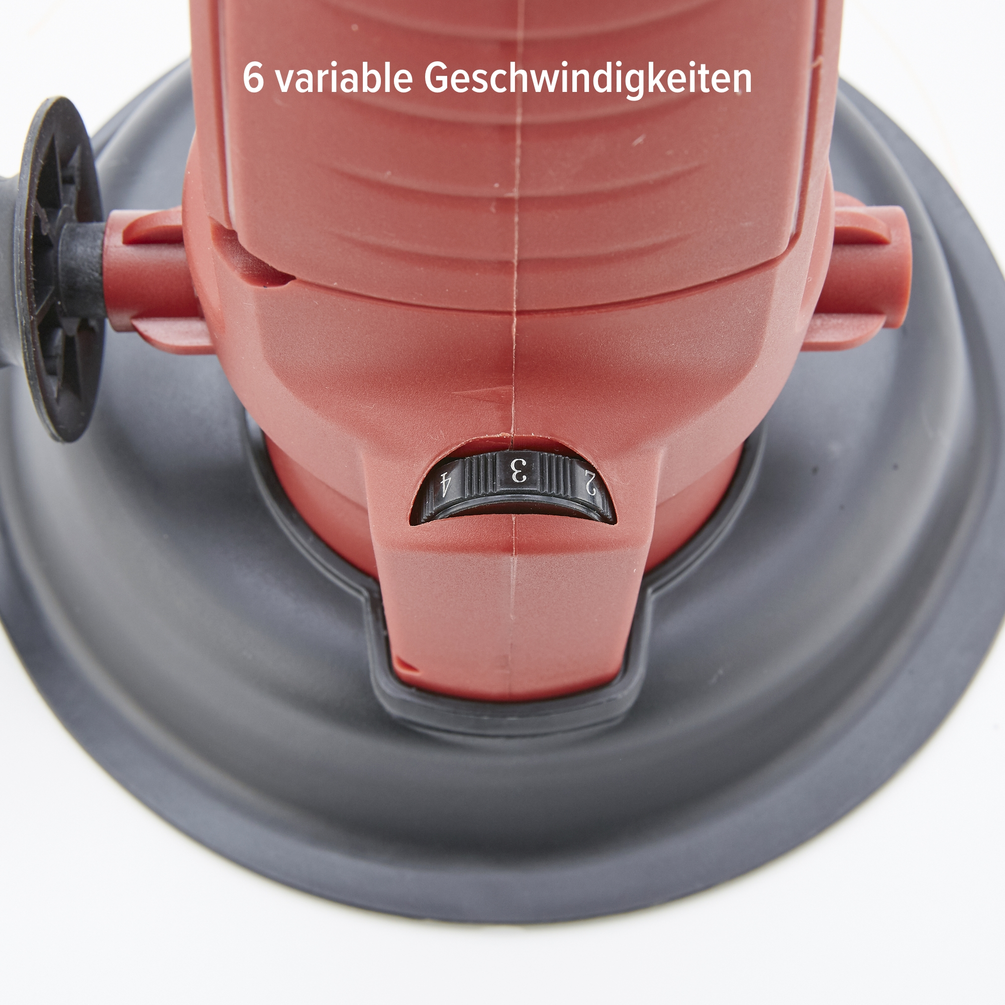 Ein roter Schleifer mit einem Drehzahlregler. Das Zifferblatt zeigt die Zahlen 2, 3 und 4.