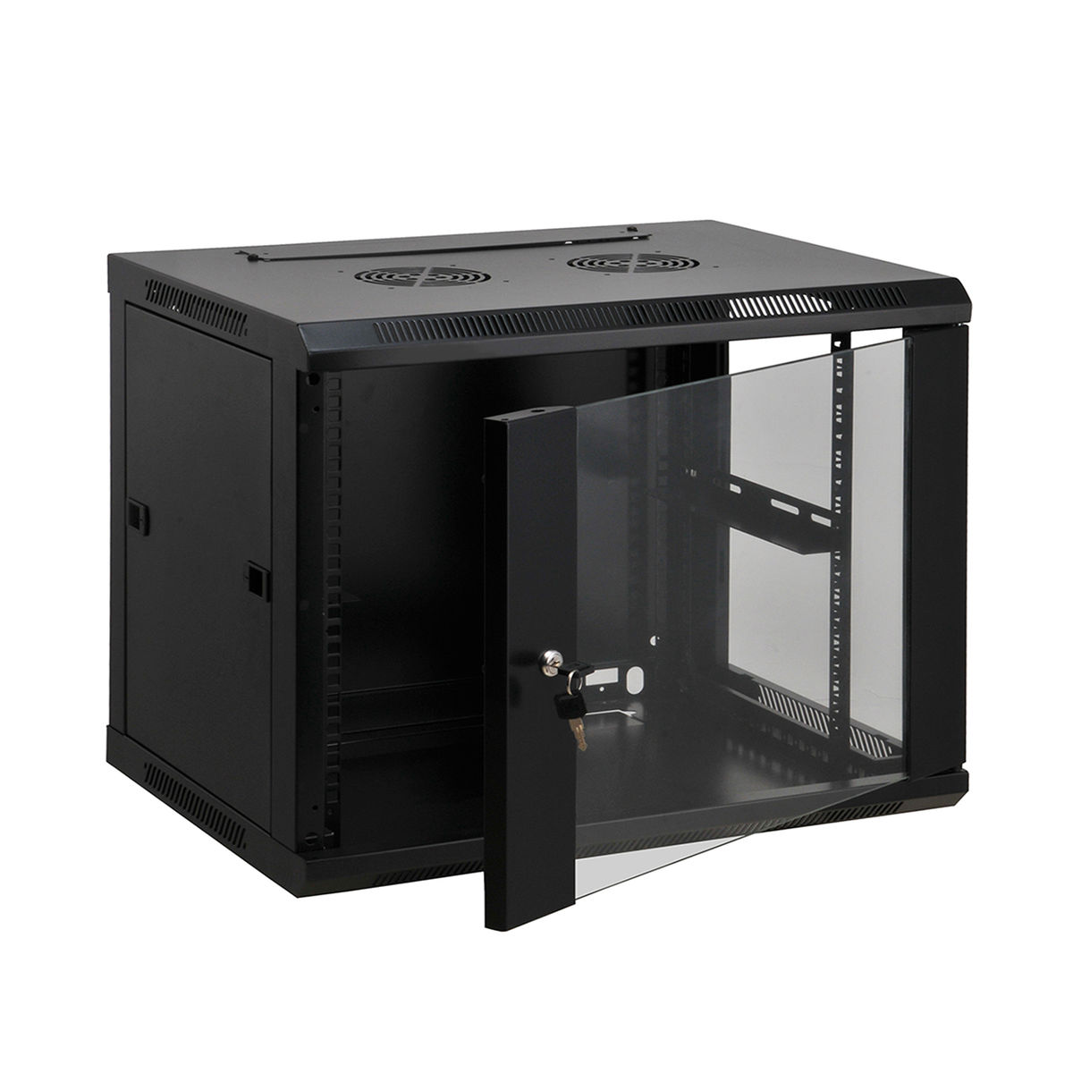 Armadio rack server nero con porta aperta, vetro e chiave.