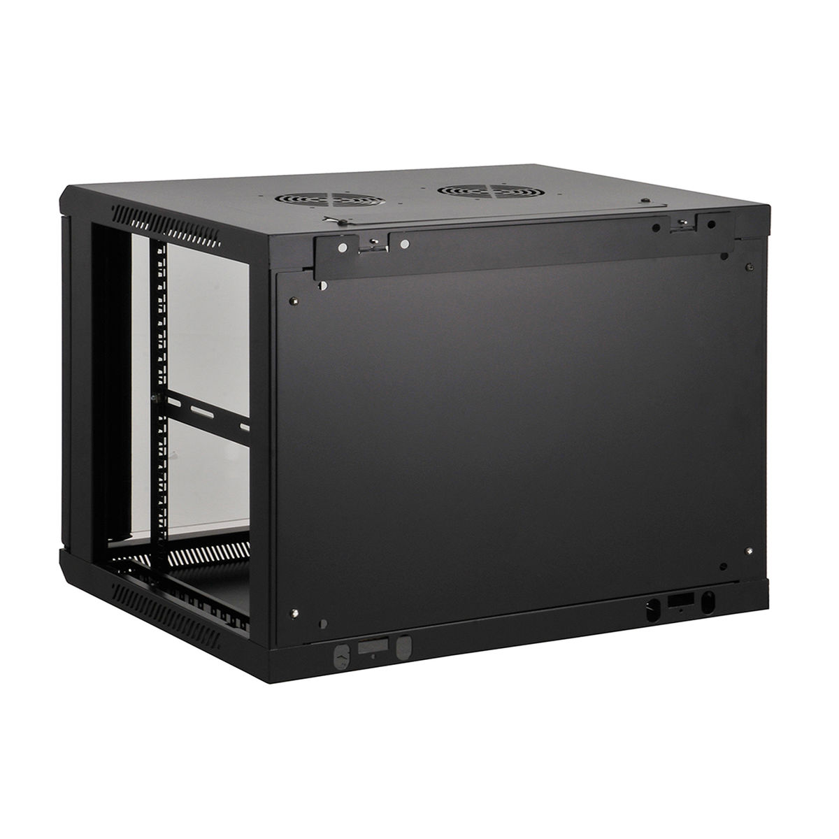 Armadio rack server nero con porta in vetro, frontale aperto e ventilazione.